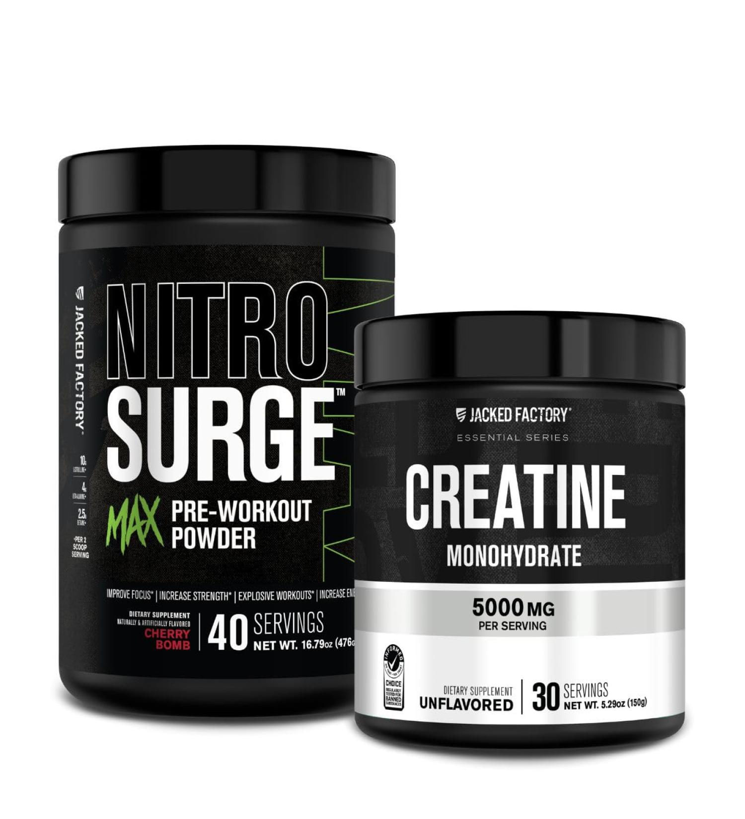 Jacked Factory Nitrosurge Max High Performance Pre Workout Powder - Pre Workout w/Nootropic Ingredients (Cherry Bomb 40sv) Creatine Monohydrate Powder 150g (Unflavored 30sv) - Buy Online on GoSupps.com
