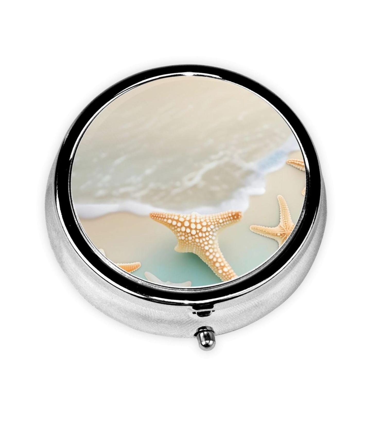 Beach Starfish Round Pill Box | 3-Compartment Portable Organizer for Travel | Ideal for Purse & Pocket - Buy Online on GoSupps.com