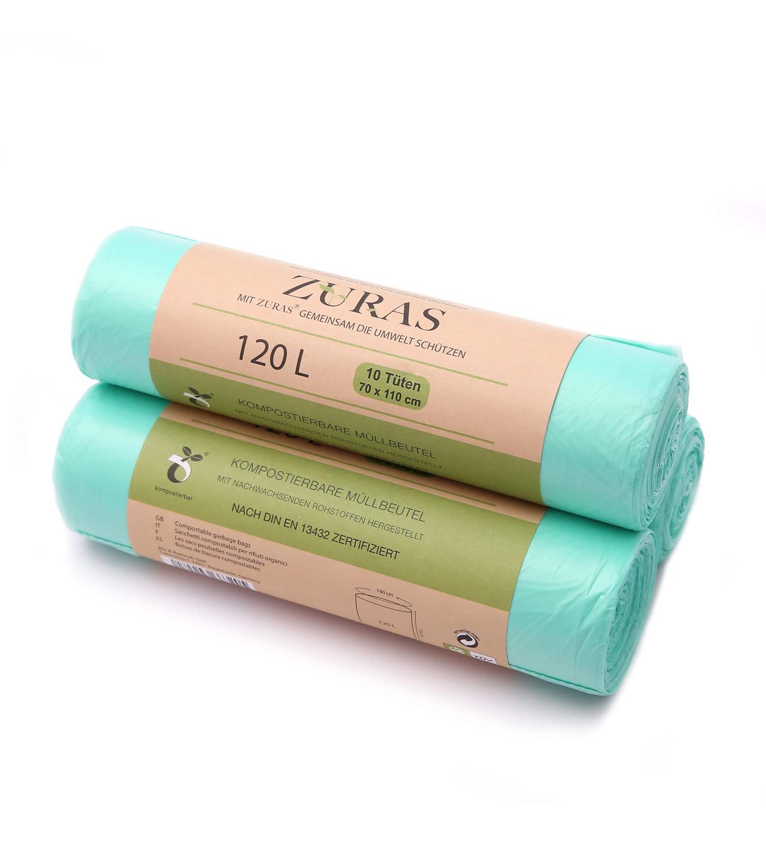 Zuras 120L Organic Waste Bags - 30 Pcs Compostable & Biodegradable | Tear-Resistant & Waterproof | DIN EN 13432 Certified - Buy Online on GoSupps.com