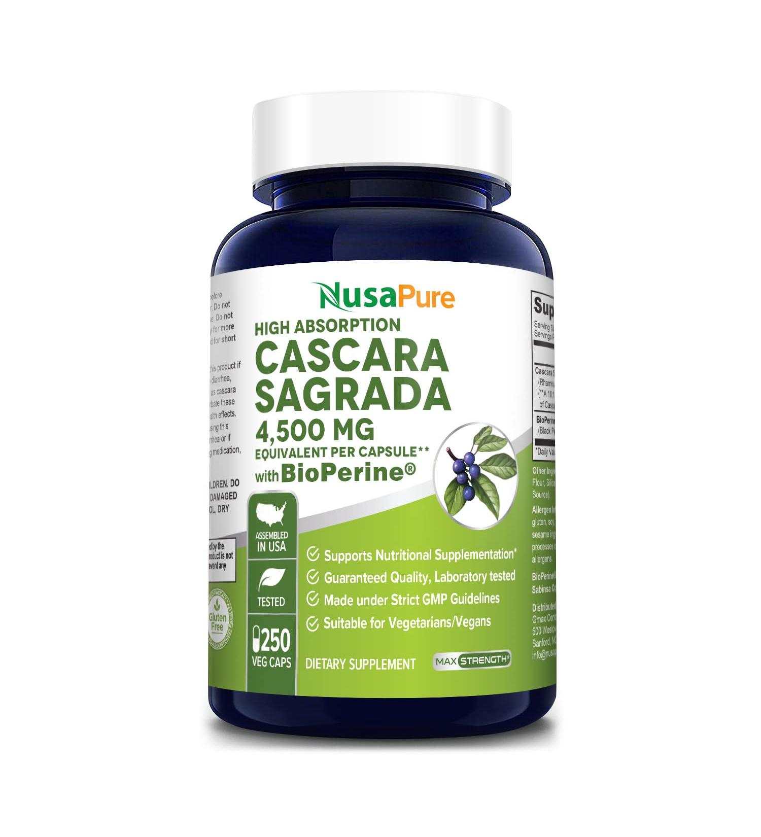 NusaPure Cascara Sagrada 500mg Veggie Caps - 250 Vcaps, Bioperine, Non-GMO Gluten Free Extract 10:1 - Buy Online on GoSupps.com
