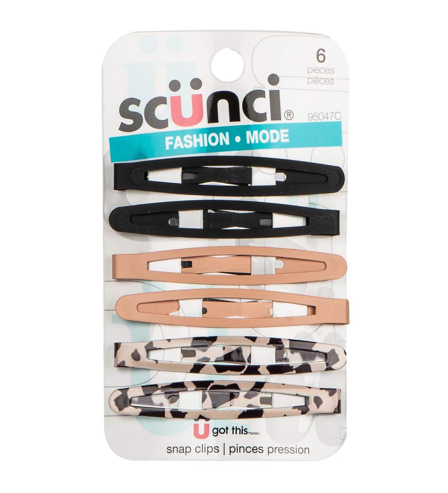 Scunci 6pc Trendy Metal Wide Oval Snap Hair Clips In Matte Black Nude & Leopard 6 Count - Buy Online on GoSupps.com