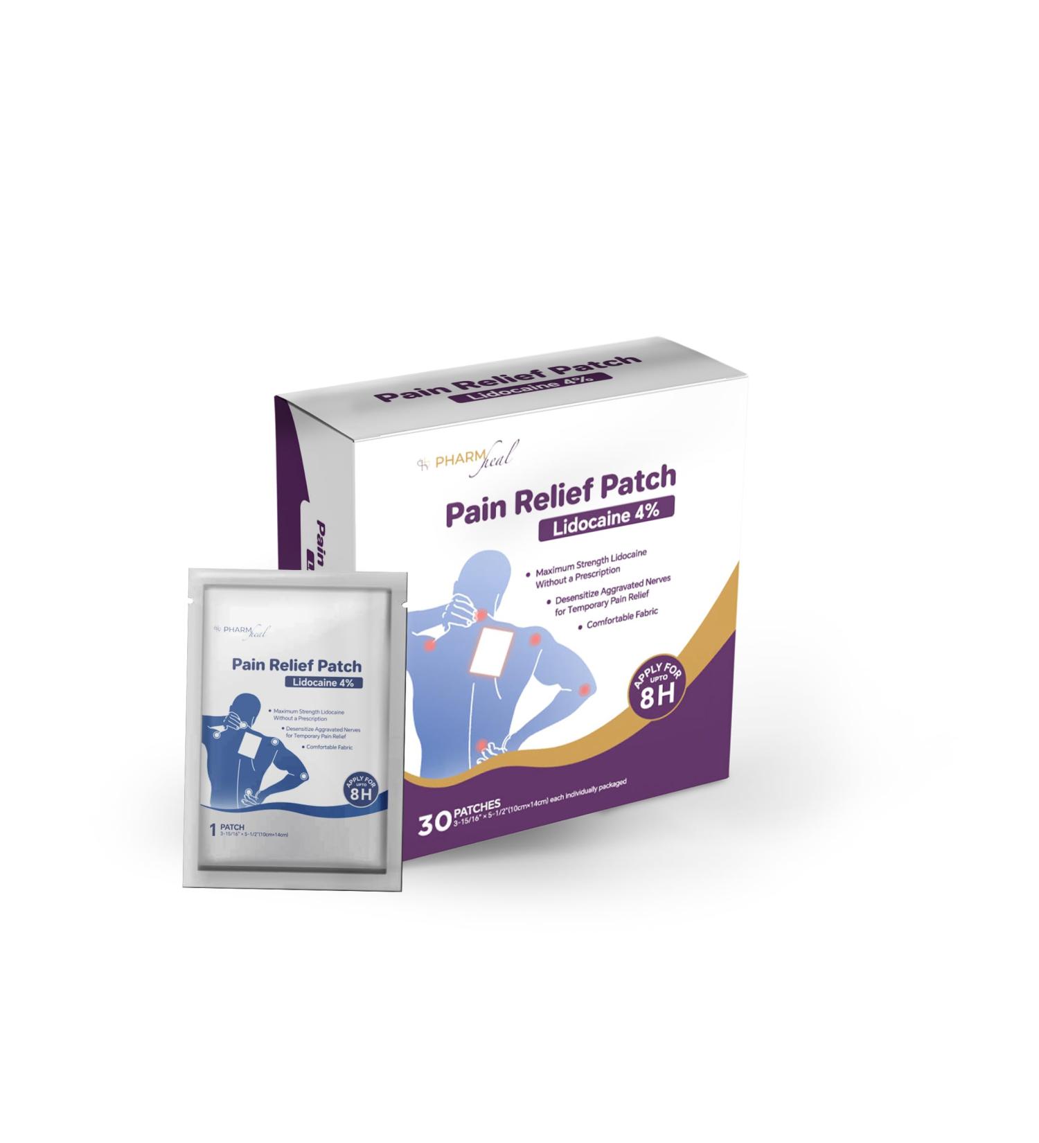 Pharmheal Pain Relief Patch 4% Lidocaine 30 Count 8 Hour Maximum Strength for Back Neck Knee Elbow Shoulder and Muscle Pain Relief - Buy Online on GoSupps.com