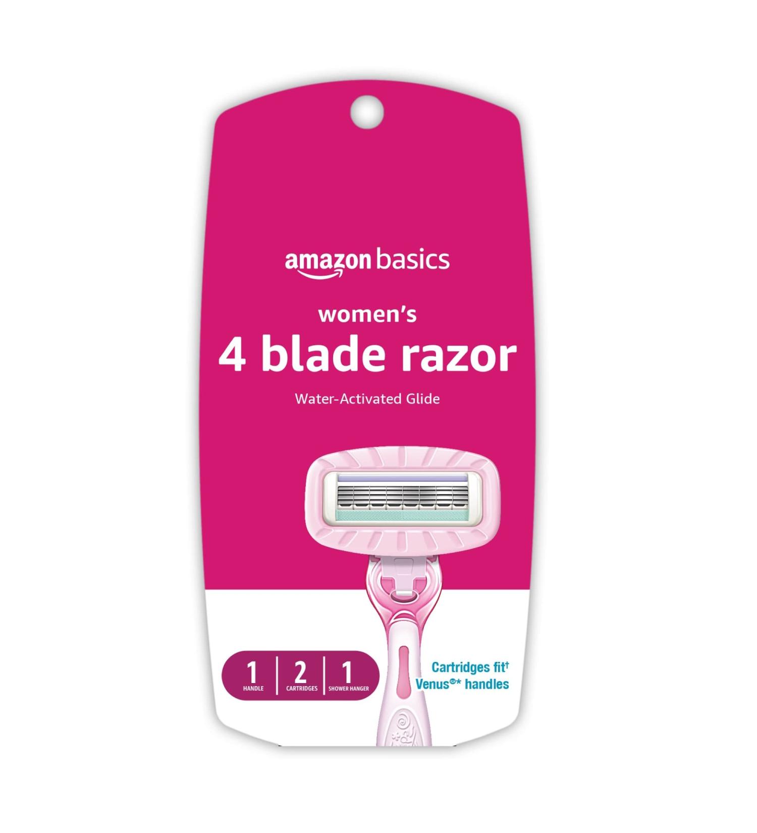 Amazon Basics Women's 4 Blade Razor Kit - Fits Amazon Basics & Venus Handles, Moisturizing Surround, Includes 1 Handle, 2 Cartridges, Shower Hanger - 2 Refills Included - Buy Online on GoSupps.com