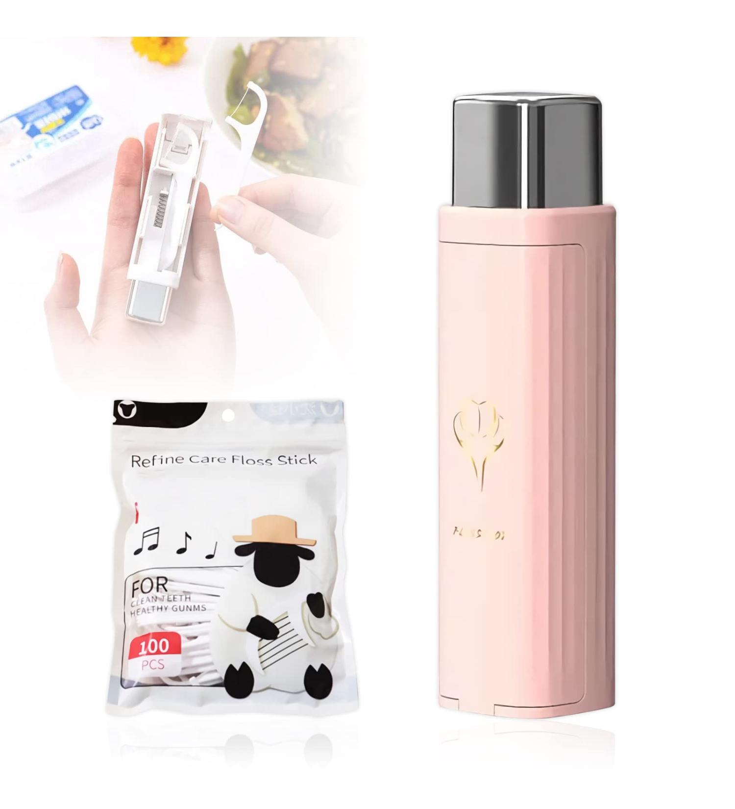Portable Dental Dispenser - 2023 Upgrade with 100 Floss Sticks | Refillable Tooth Cleaning Case - Pink - Buy Online on GoSupps.com