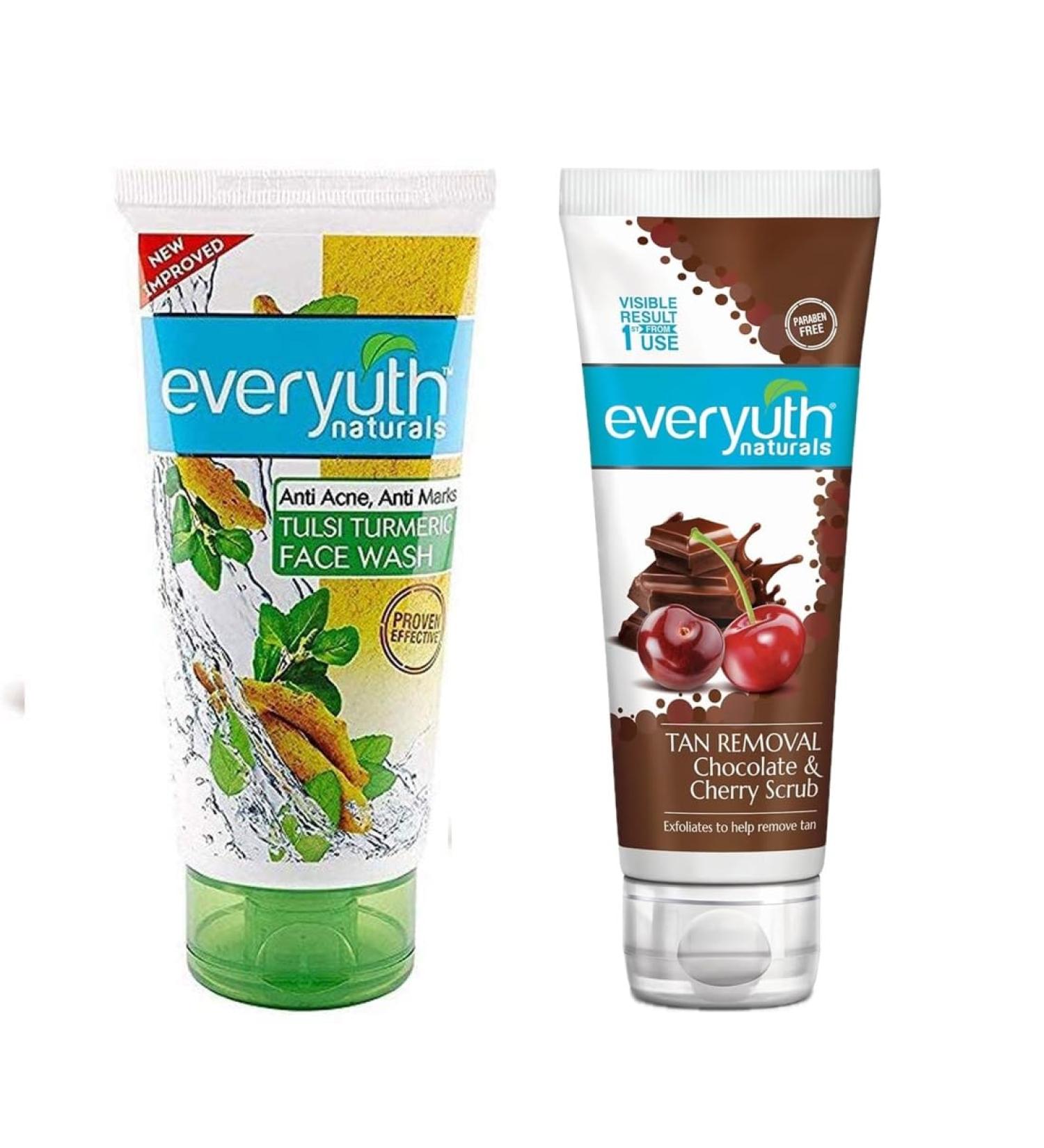 Everyuth Tulsi Turmeric Face Wash and 50g and Chocolate and Cherry Tan Removal Scrub 50gm Combo Pack - Buy Online on GoSupps.com