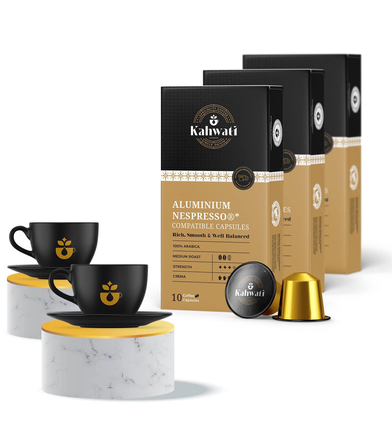 Kahwati | Luxury Coffee Pods Medium Roast Gift Set | Two Espresso Cups and a Saucer | Unique Gift Idea | Freshly Roasted In London | Single Origin | Treat for your Loved ones | 30 Pods Medium Roast - Buy Online on GoSupps.com