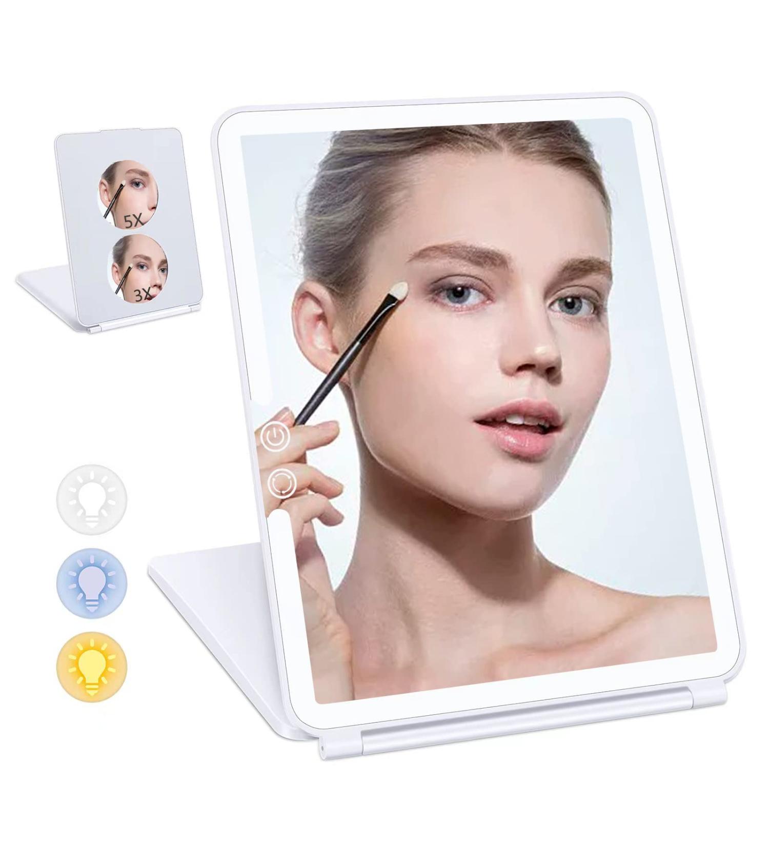Rechargeable Travel Makeup Mirror with 3X 5X Magnifying, 72 LED Lights, 3 Color Lighting- Portable Vanity Mirror for Women - Compact Foldable Design - White - Buy Online on GoSupps.com