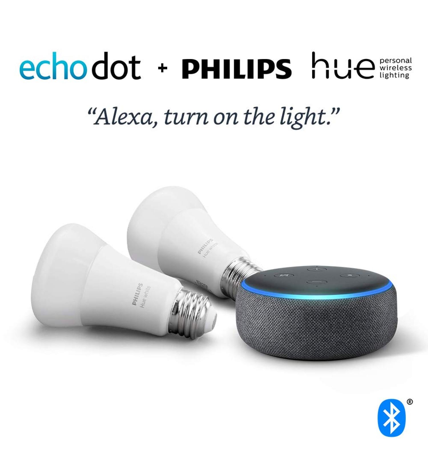 Echo Dot (3rd Gen) Charcoal Bundle with Philips Hue White 2-pack Smart Bulbs - Bluetooth & Zigbee Compatible - Buy Online on GoSupps.com