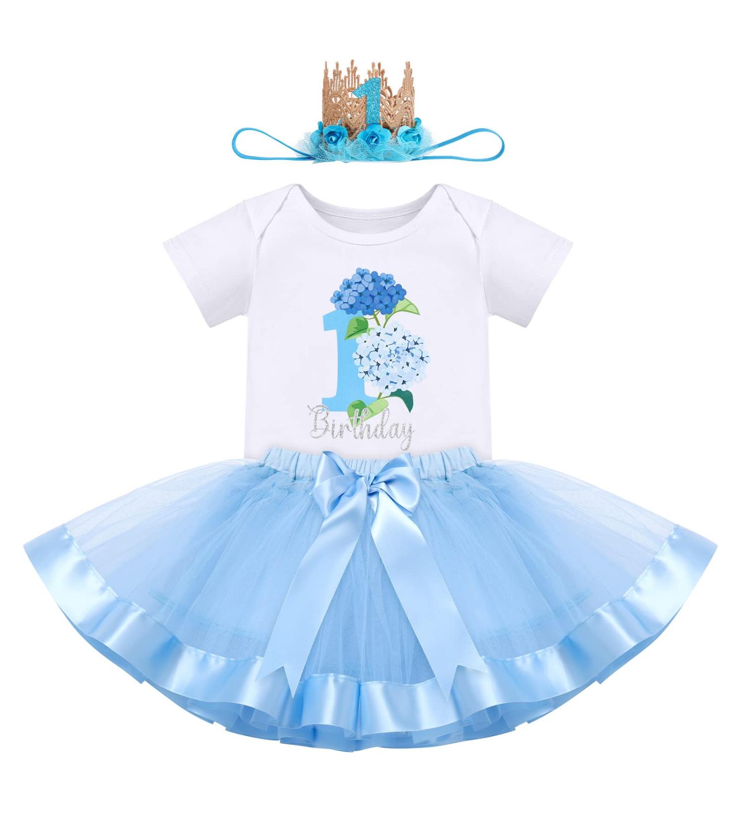 FYMNSI Baby Girl 1st Birthday Outfit | Flower Printed Cotton Romper Tutu Set | Blue | 1 Year - Buy Online on GoSupps.com