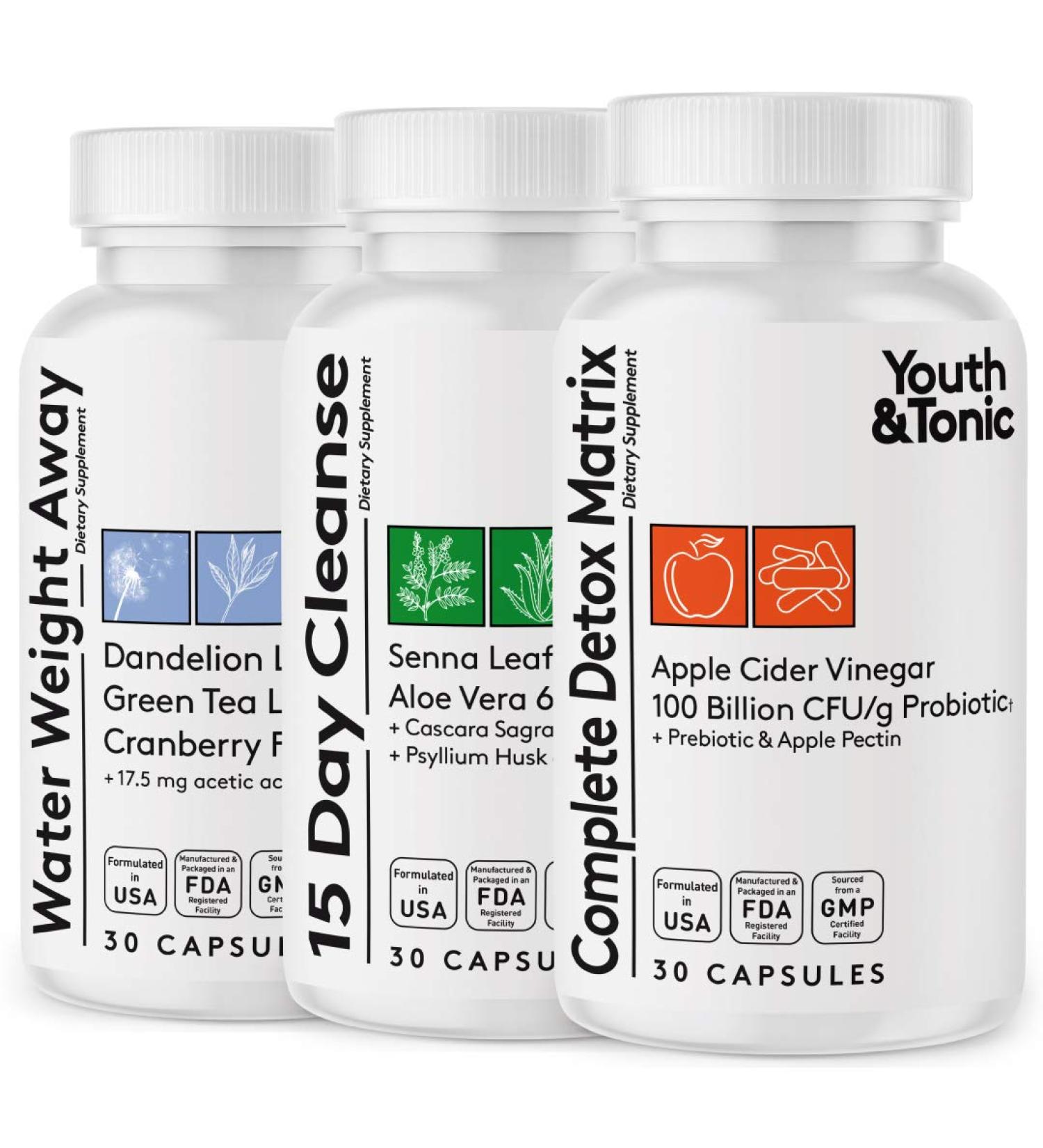 3pk Detox Cleanse Bundle for Weight Management | Colon Cleanser + Water Loss Pills with Dandelion, ACV & Probiotics | Full Body Detox for Flat Stomach, Waist Reduction & Metabolism Restart | Bloating Relief - Buy Online on GoSupps.com
