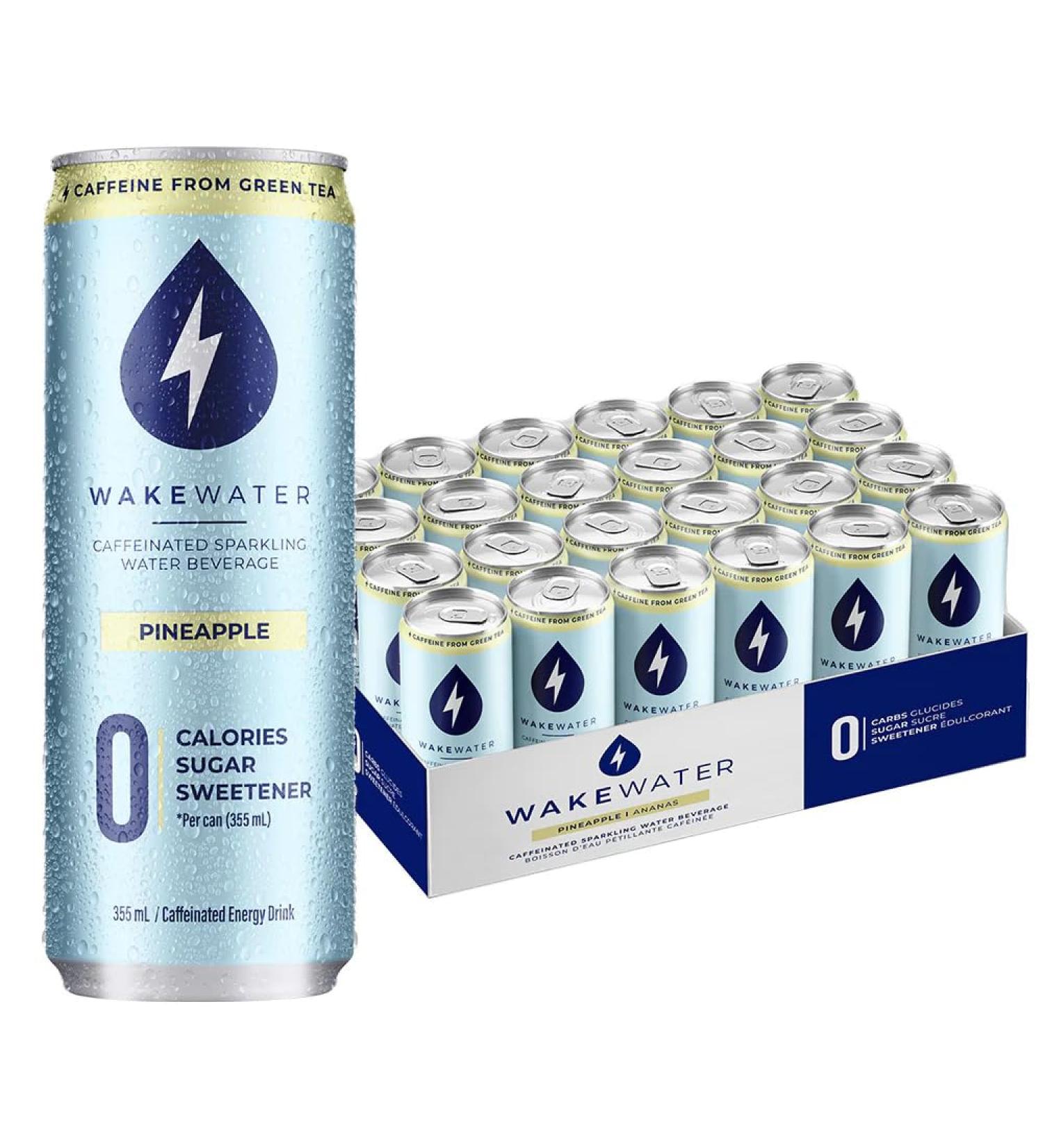 WakeWater Caffeinated Sparkling Water | Pineapple 355ml X 24 Cans | Natural Green Tea Caffeine | Zero Sugar Zero Calories Sweetener Free Sugar Free 355ml X 24 cans - Buy Online on GoSupps.com