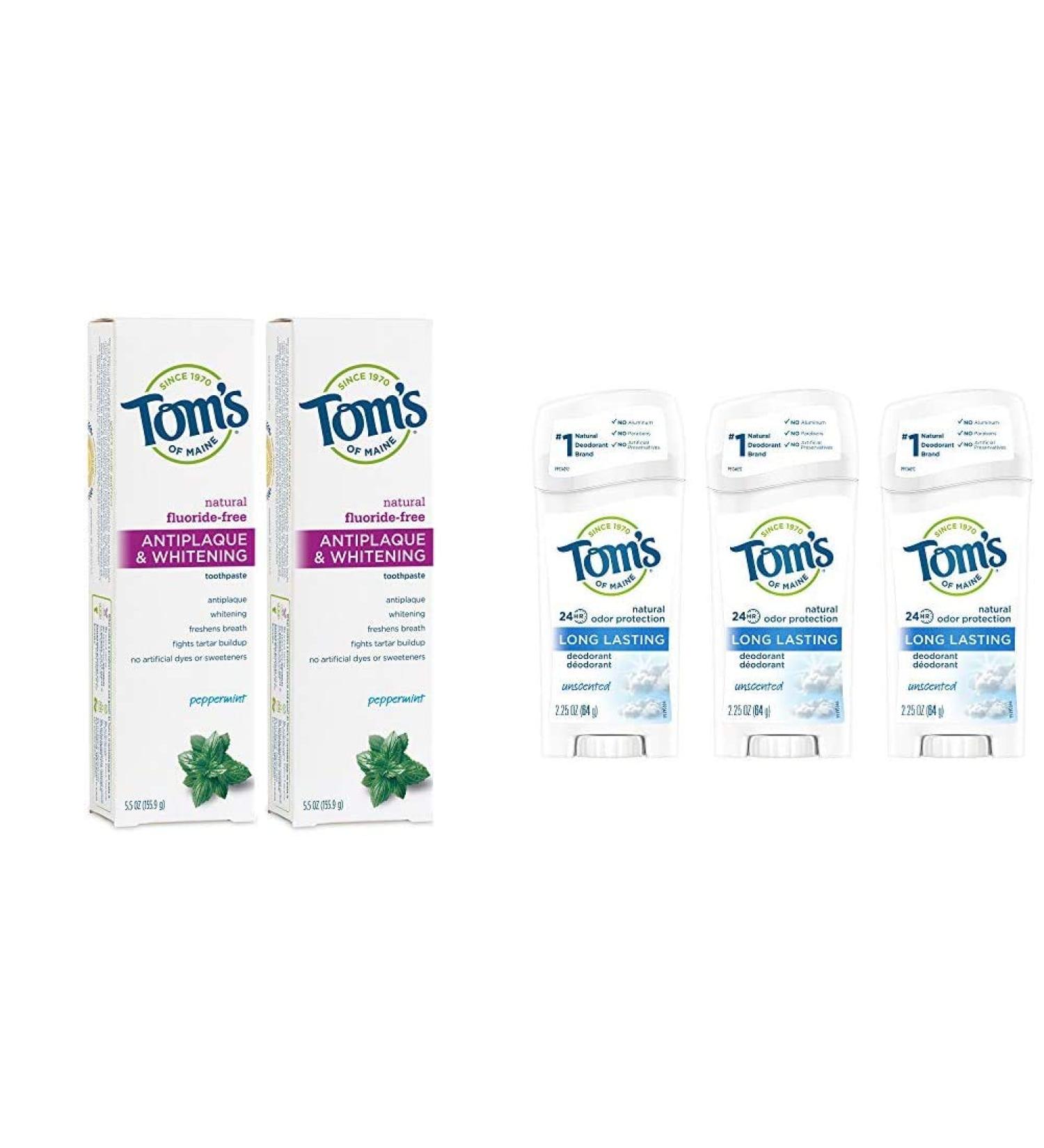 Tom's of Maine Fluoride-Free Antiplaque & Whitening Toothpaste Whitening Toothpaste with Tom's of Maine Long Lasting Deodorant Natural Deodorant Deodorant Unscented 2.25 Ounce Pack of