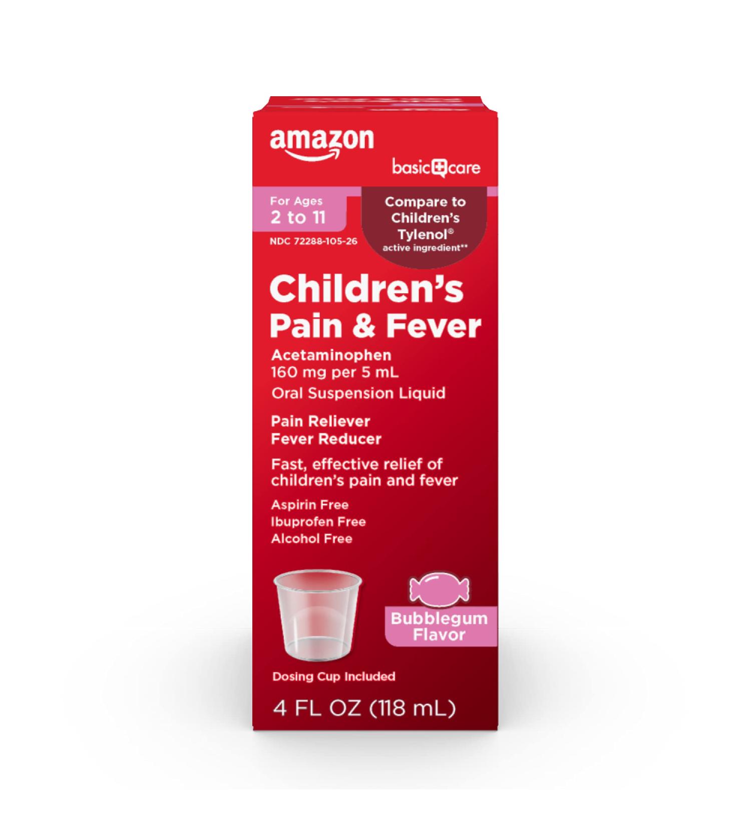 Amazon Basic Care Children's Pain Reliever Oral Suspension Liquid, Bubblegum Flavor, Acetaminophen 160 mg per 5 ml, Effective, Fever Reducer for Age 2-11 Years, Red, 4 fl oz (Pack of 1) Bubblegum 4 Fl Oz (Pack of 1) - Buy Online on GoSupps.com