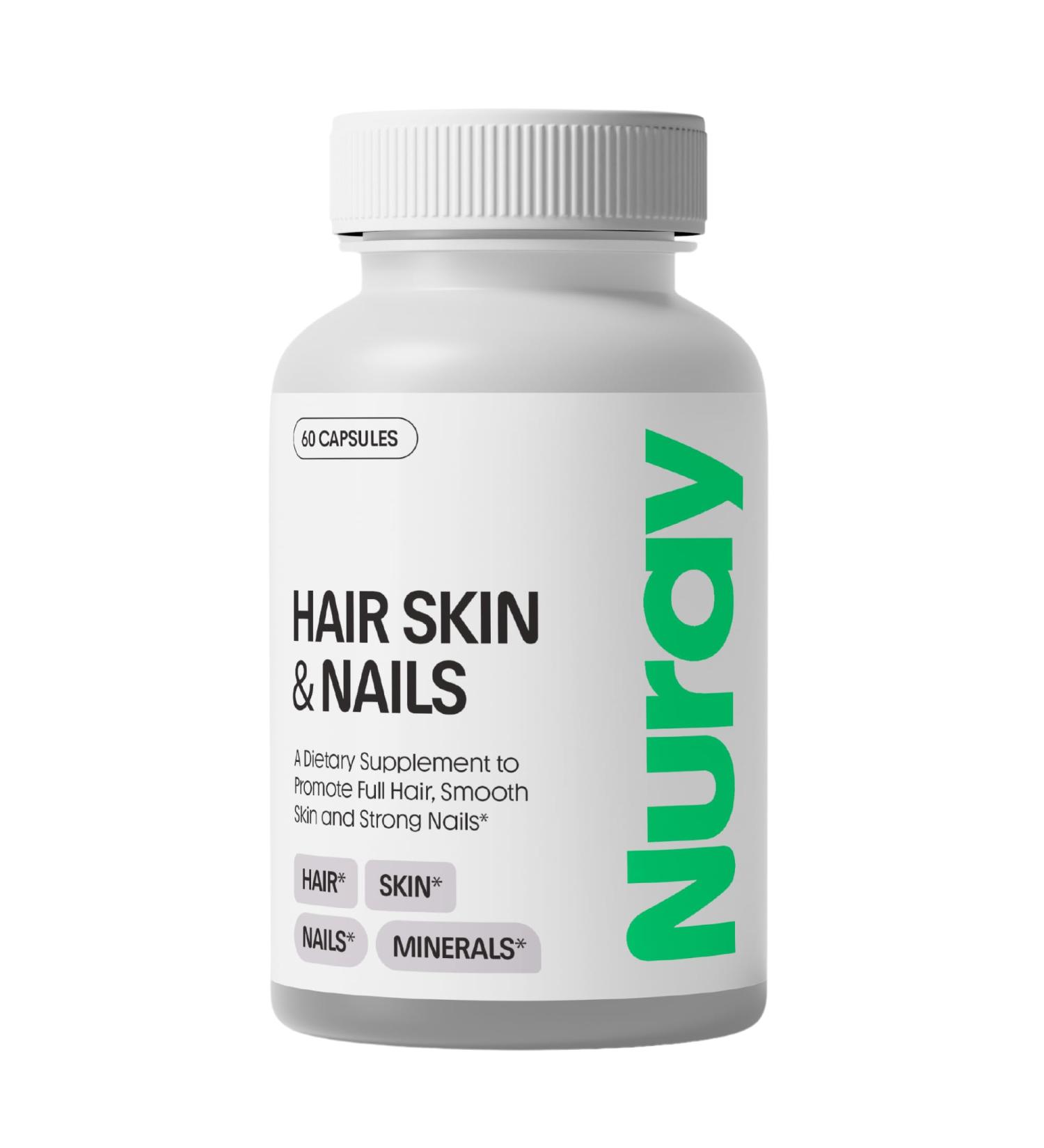 Nuray Hair, Skin & Nails Vitamins Biotin, Collagen & Hyaluronic Acid Advanced Hair Growth Supplement Promotes Beauty, Skin Radiance, & Nail Strength with Vitamin B Complex 60 Capsules - Buy Online on GoSupps.com