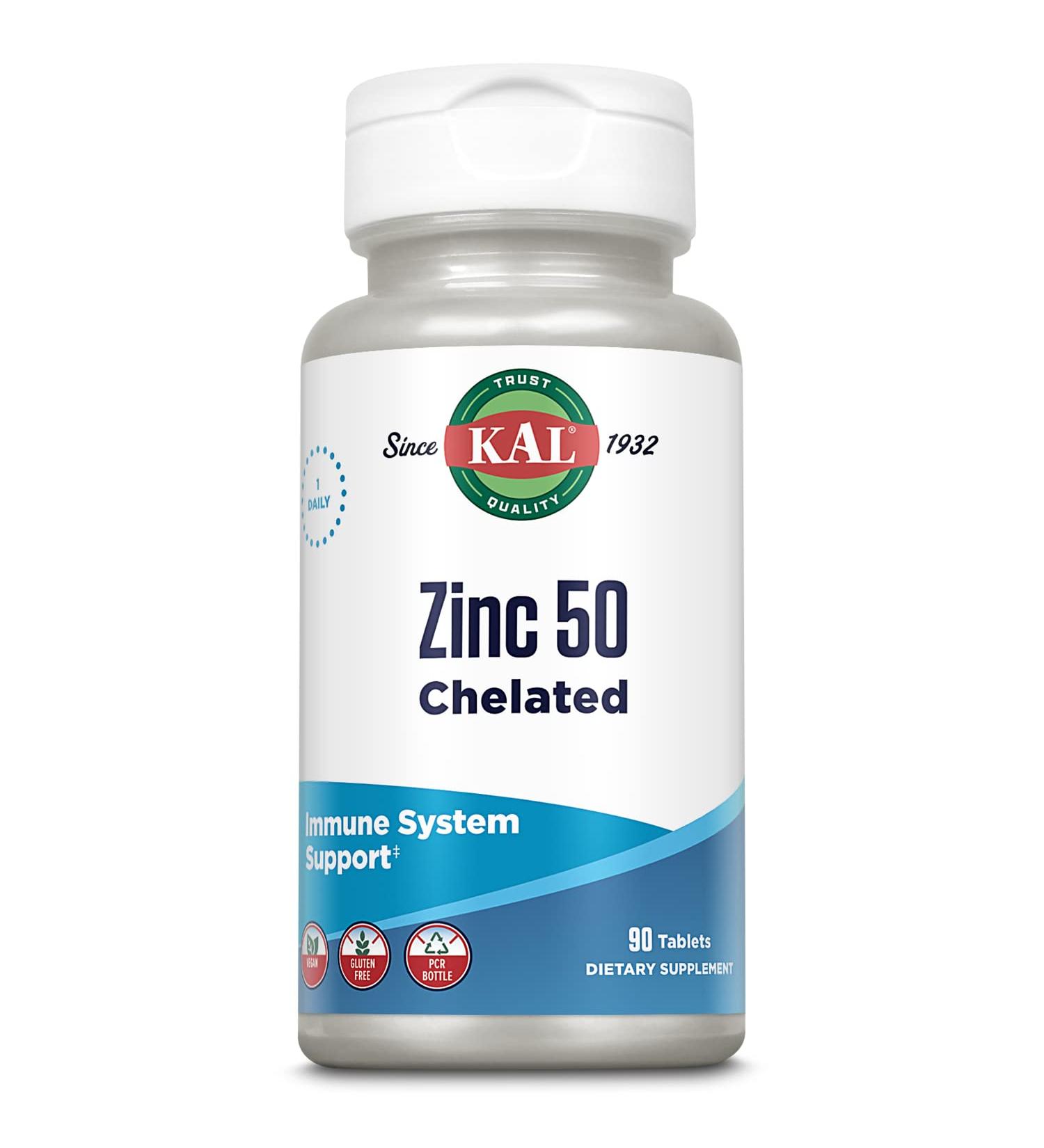 KAL Zinc 50mg Amino Acid Chelate Supplement for Immune Support & Healthy Metabolism - Vegan, Gluten Free with Enhanced Absorption - 90 Tablets - Buy Online on GoSupps.com