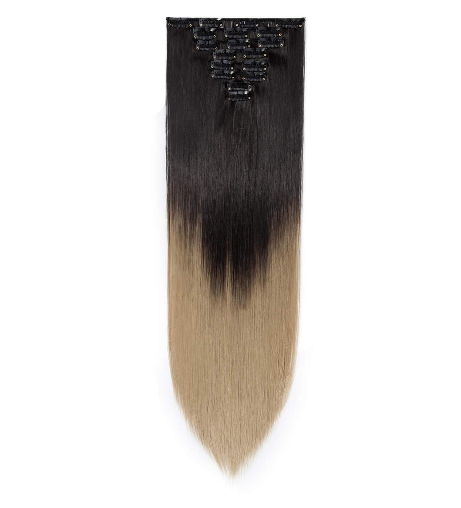 Clip in Hair Extensions - 8 Tresses 18 Clips | Real & Synthetic Hair - 66cm Smooth Dark Brown to Ash Blonde - Buy Online on GoSupps.com