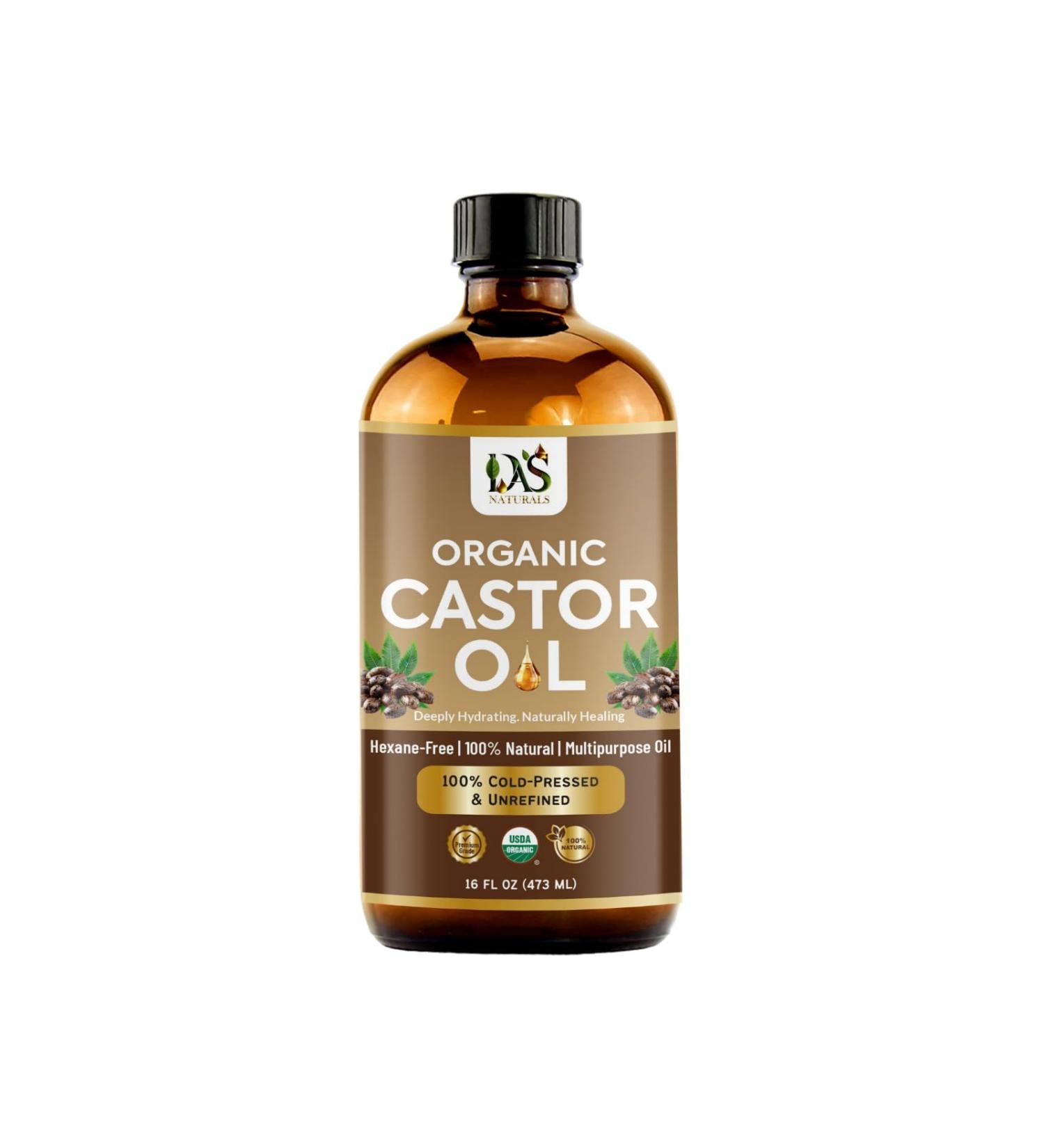 DAS NATURALS Organic Castor Oil | Cold-Pressed Castor Seed Oil | Premium Grade Carrier Oil | Hair Eyelashes and Eyebrow | Skin Hair & Body Use | 16 fl oz - Buy Online on GoSupps.com