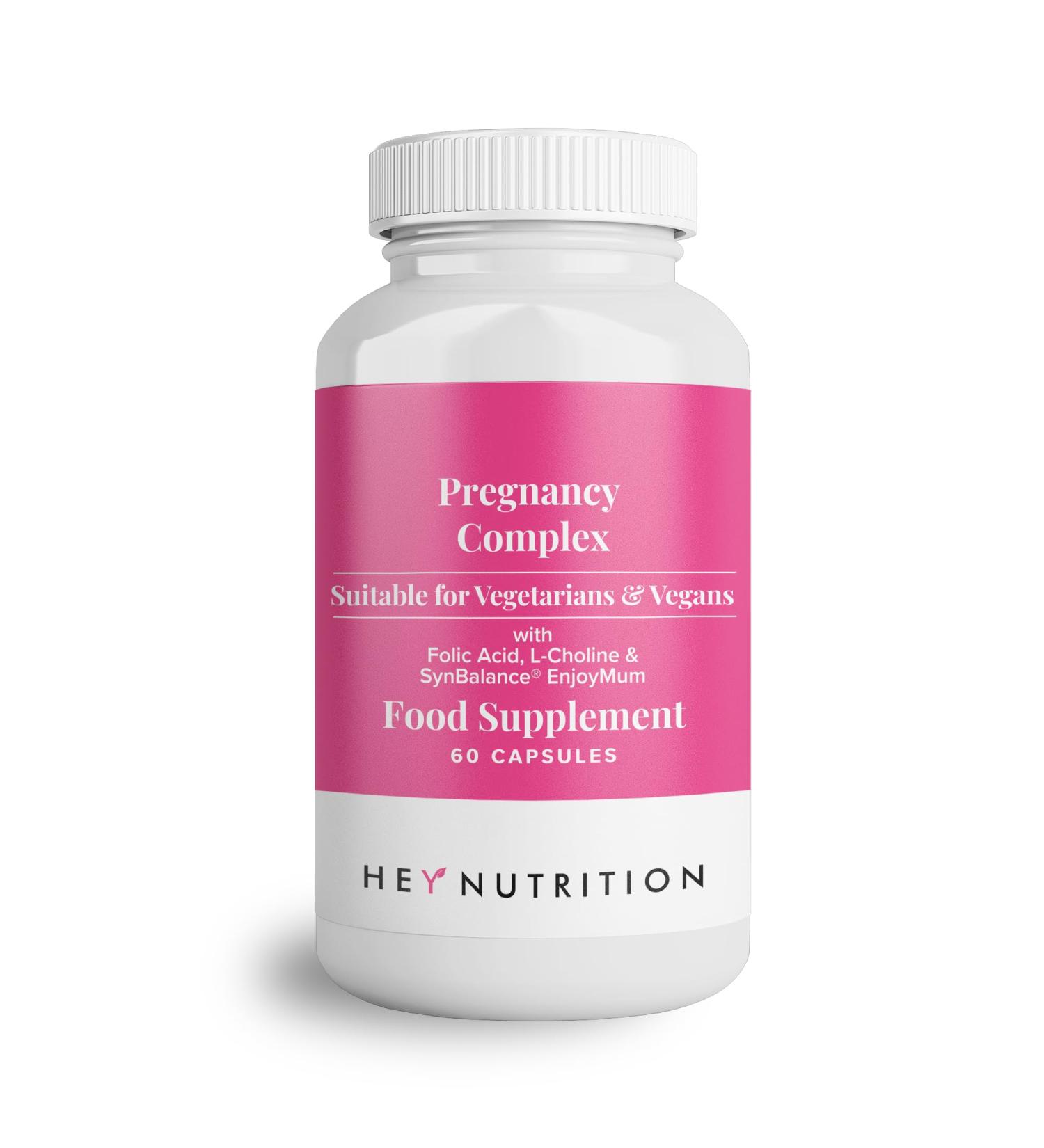 Hey Nutrition Pregnancy Complex Supplement - Vegetarian & Vegan - Folic Acid, Choline, Iodine, SynBalance - Mum & Baby Support - UK Made - Non-GMO - 60 Capsules - Buy Online on GoSupps.com