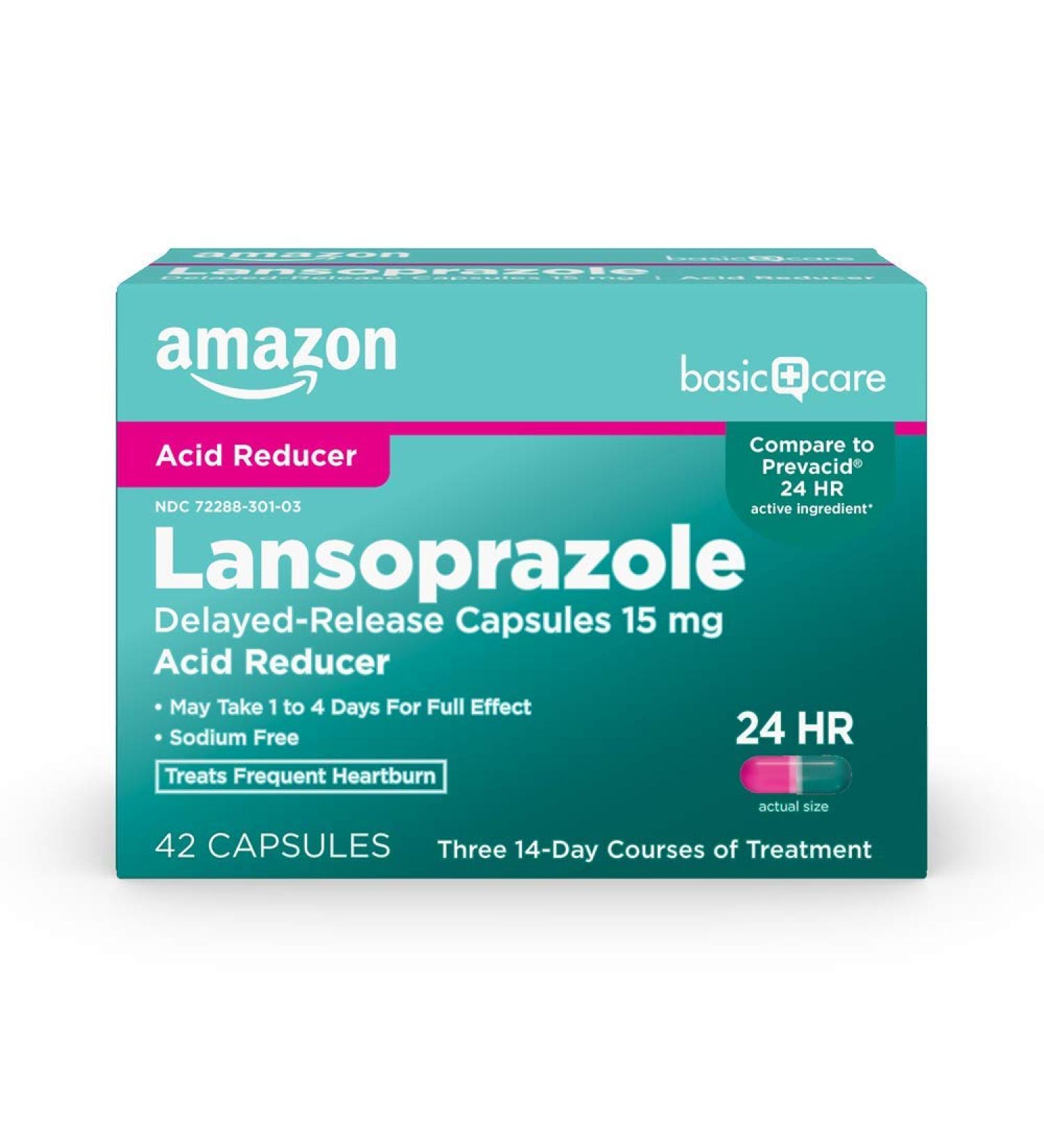 Amazon Basic Care Lansoprazole 15mg Capsules - 42 Count Pack - Proton Pump Inhibitor for Frequent Heartburn Treatment - Buy Online on GoSupps.com