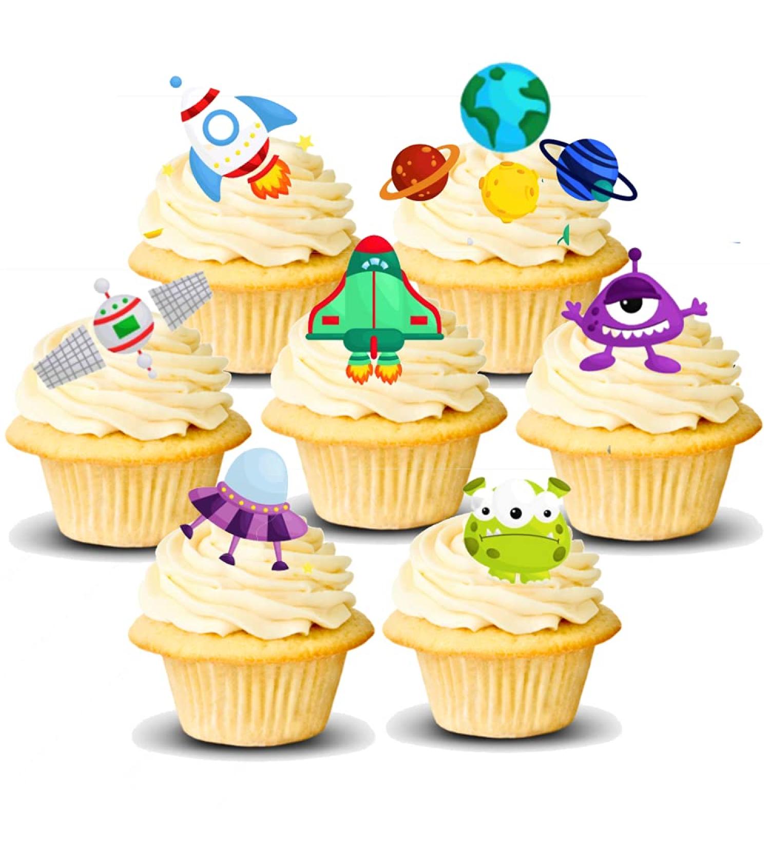 38x Pre-cut Space Rocket Blast Off Edible Thick Wafer Card Standing Cupcake Toppers Birthday Party Cake Decorations Easy