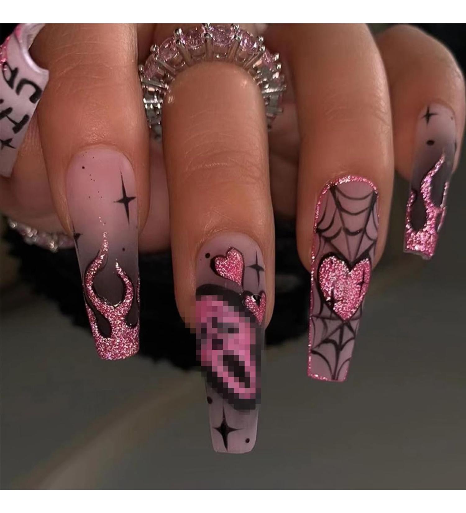 Halloween Press on Nails - Long Coffin Pink Glitter False Nails with Ghosts Hearts Flames & Spiders - Full Cover Acrylic Stick on Nails for Women - Pack of 24 - Buy Online on GoSupps.com