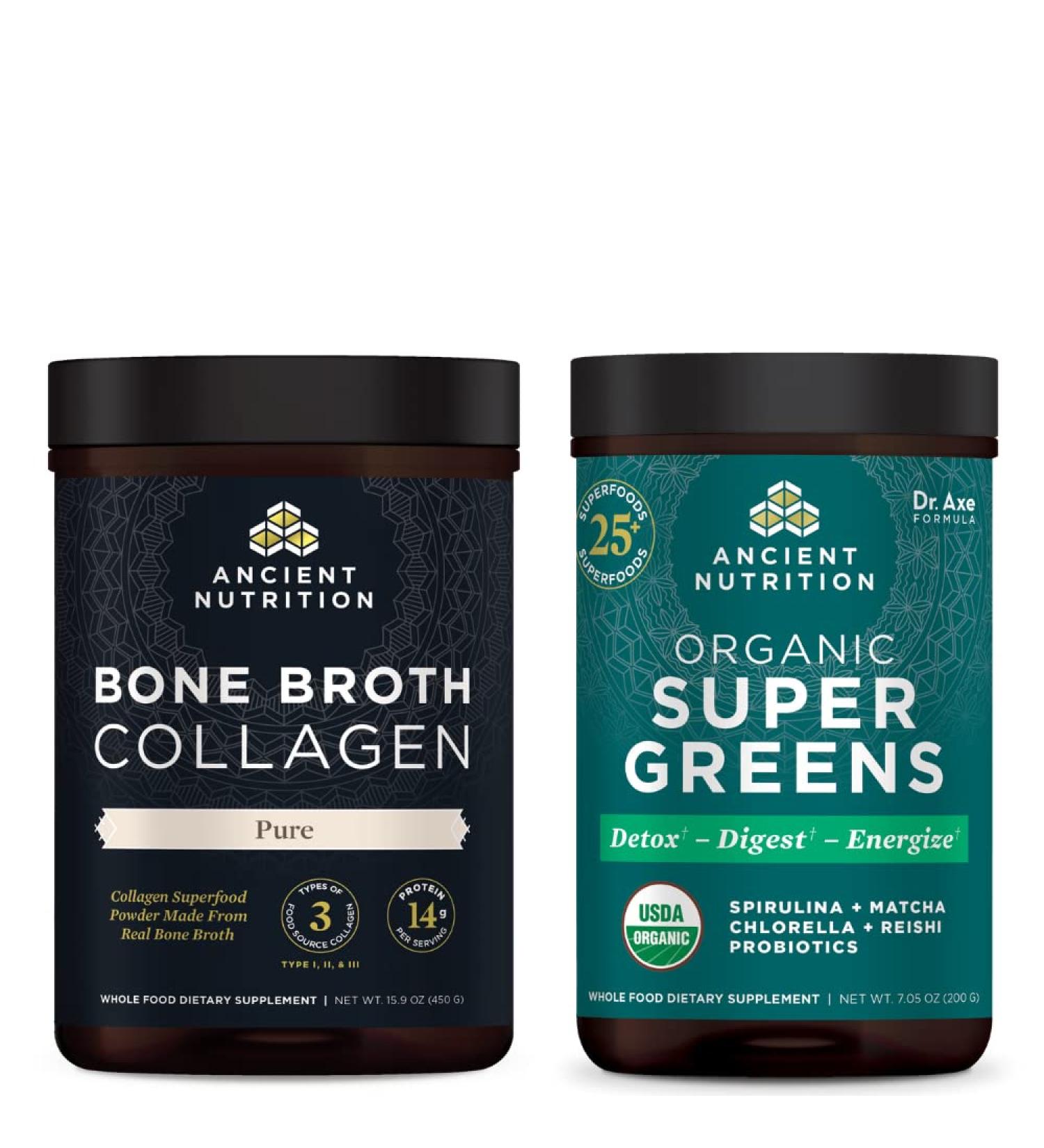 Ancient Nutrition Bone Broth Protein Powder Pure 20 Servings + Organic Supergreens Powder Greens Flavor 25 Servings - Buy Online on GoSupps.com