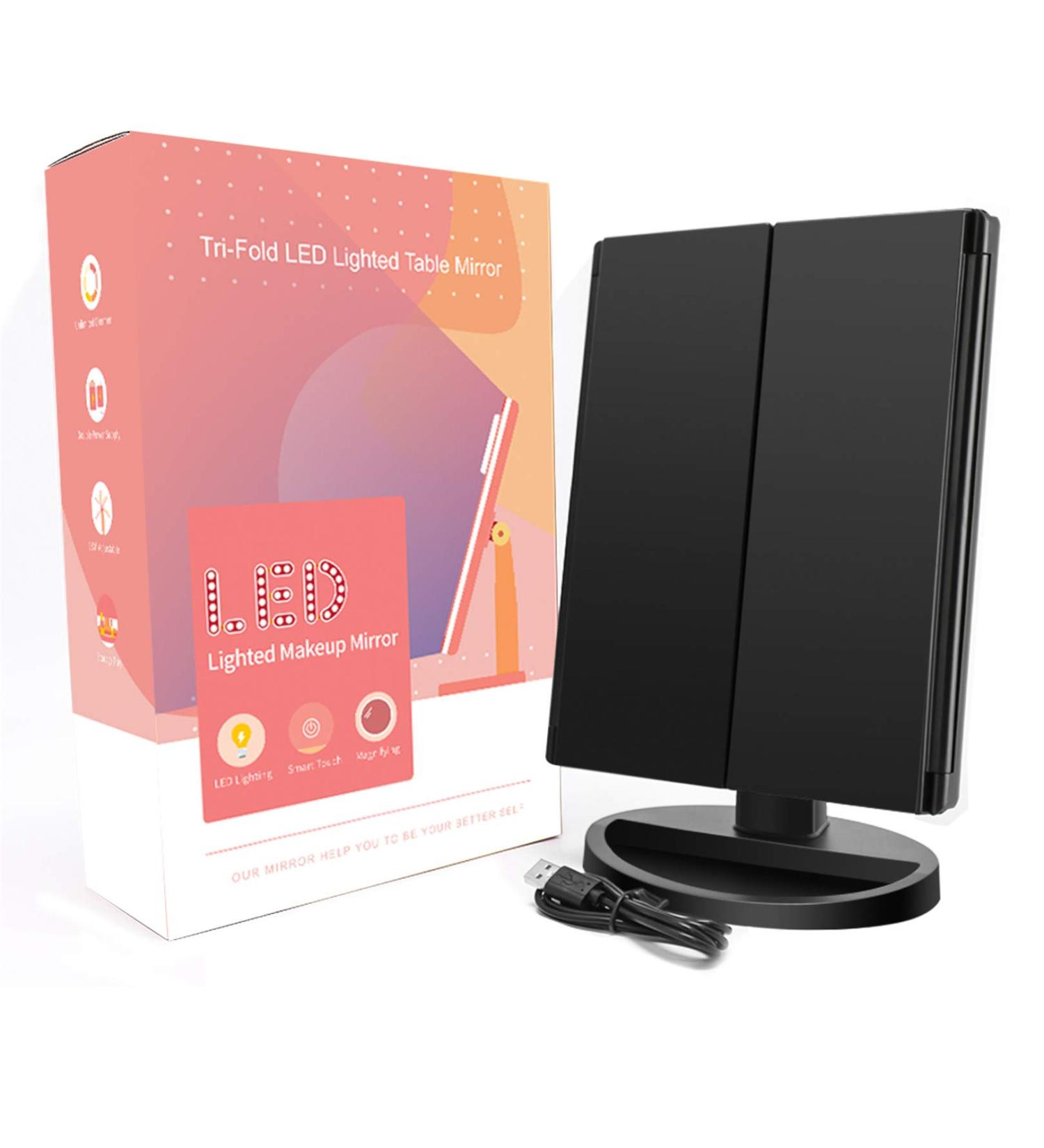 FASCINATE Trifold Lighted Makeup Mirror - 3 Color Lights, 72 LEDs, 10X/3X/2X/1X Magnification, Cord & Cordless, 180 Rotation - Portable HD Cosmetic Mirror (Black) - Buy Online on GoSupps.com