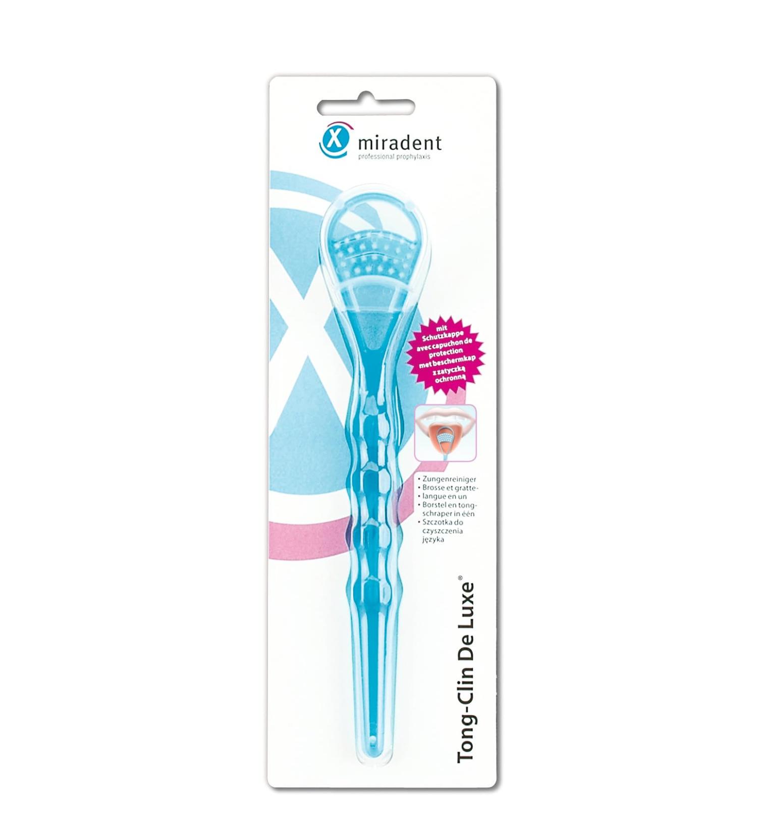 Miradent Tong-Clin de Luxe Tongue Cleaner - Gentle Bad Breath Removal | Blue Transparent | Short Bristle Field | Extra Flat & Curved Stencil - 1 Piece - Buy Online on GoSupps.com