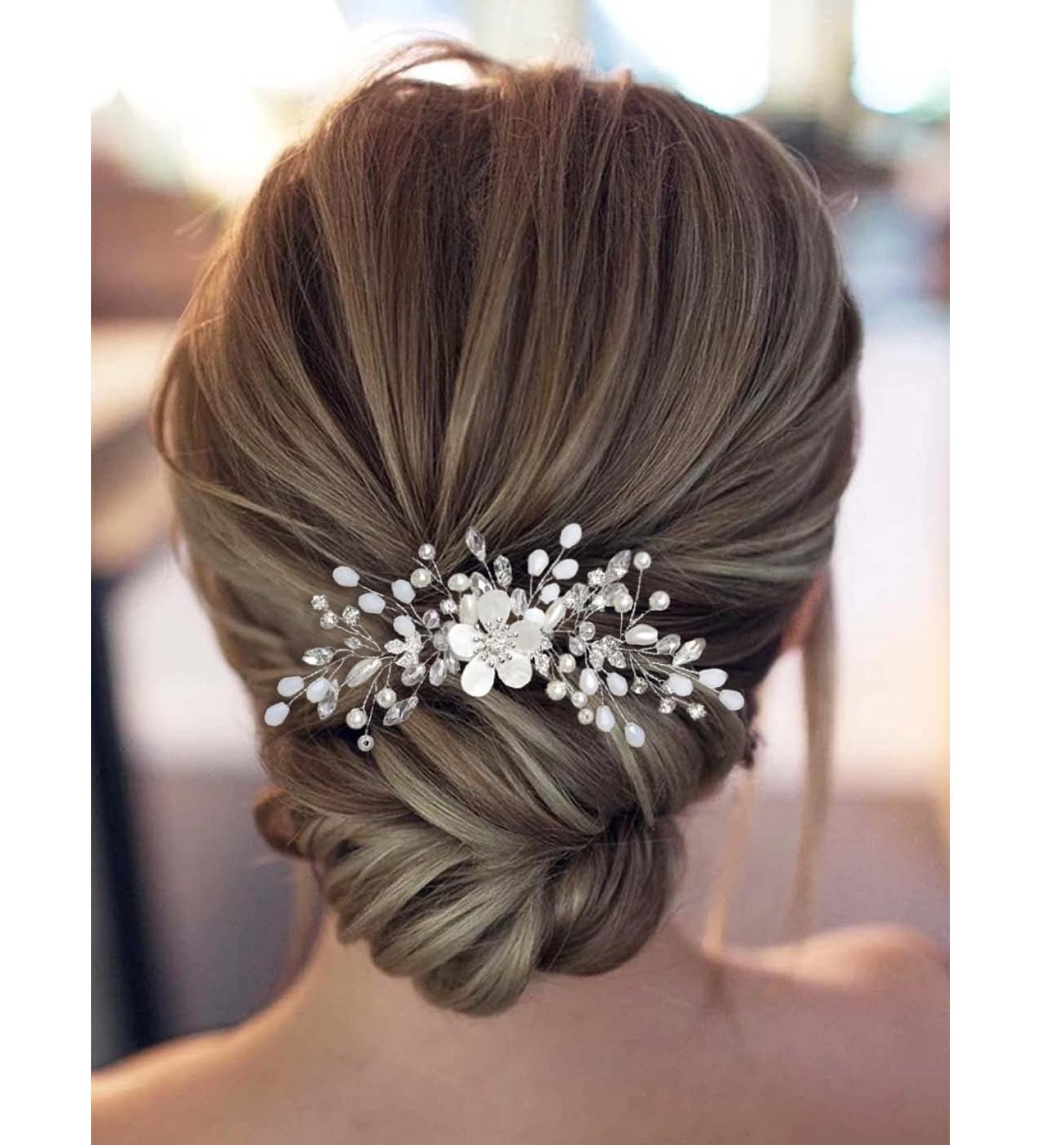 Silver Rhinestone Bride Wedding Hair Comb with Pearls - Bridal Hairpiece for Women and Girls - Buy Online on GoSupps.com