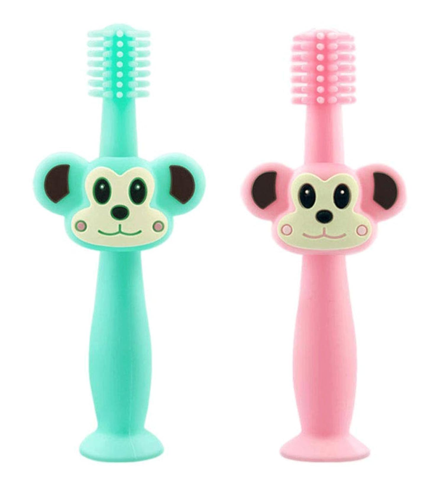 Zumaha 360 Cartoon Silicone Toddler Toothbrush - Portable & Eco-Friendly for Ages 1-3 - Clean Green & Pink - Buy Online on GoSupps.com