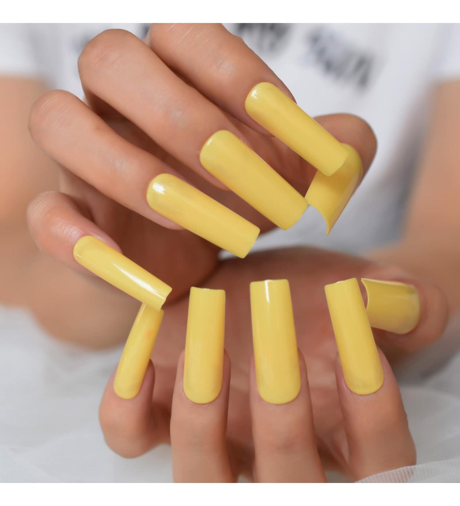 Solid Color Yellow Extra Long Fake Nails Full Cover Glossy Gel False Nail Kit Square Salon Fingernail Tips Women Manicure - Buy Online on GoSupps.com
