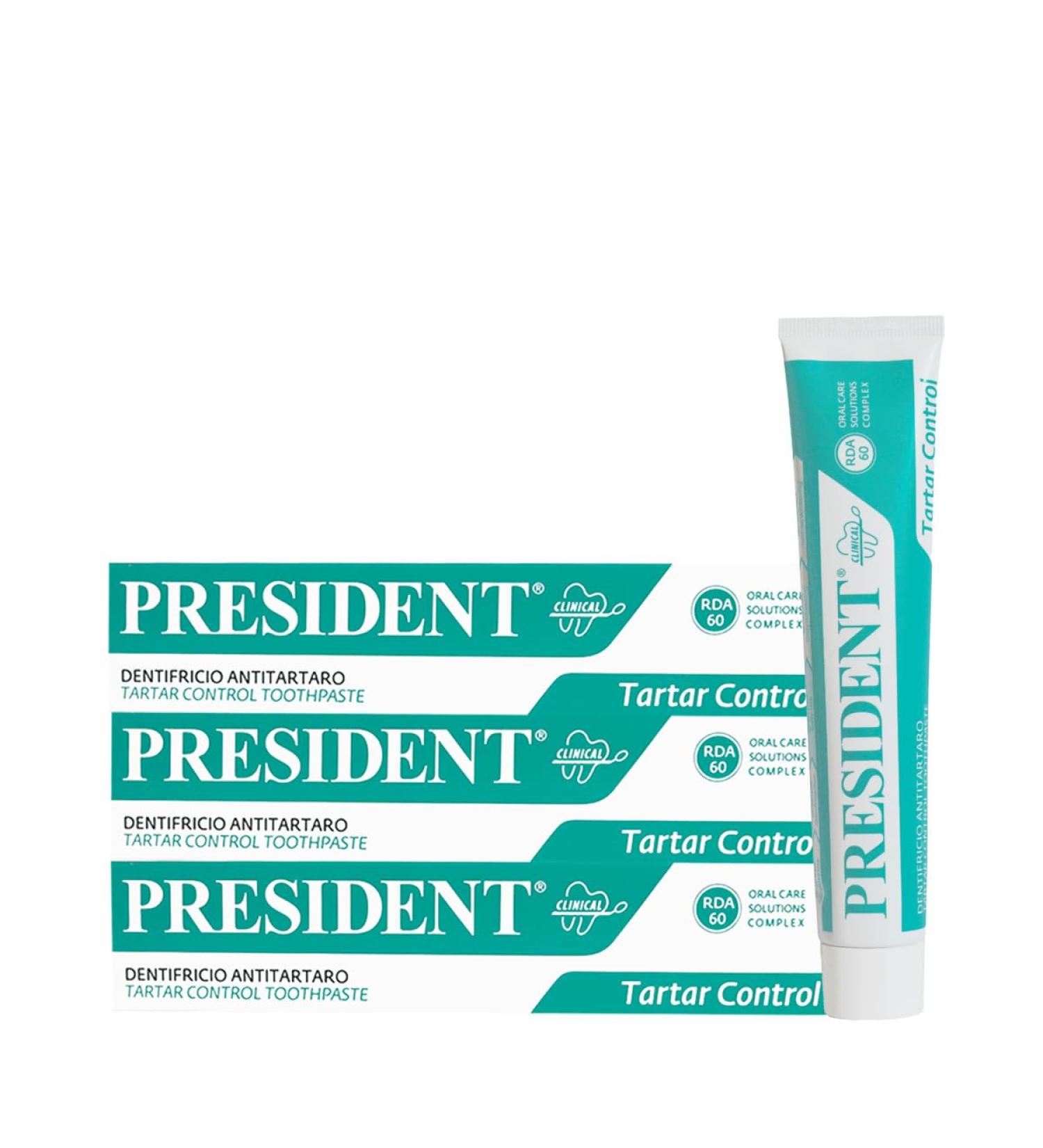 President Set with 3 tartar removers against tartar against plaque and caries fresh breath. RDA 60. 3 x 75 ml