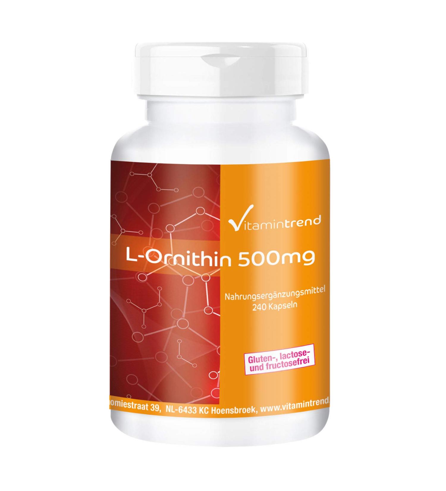 L-Ornithine 500mg - 240 Vegan Capsules | High Dose Supplement | Vitamintrend - Shop Internationally - Buy Online on GoSupps.com