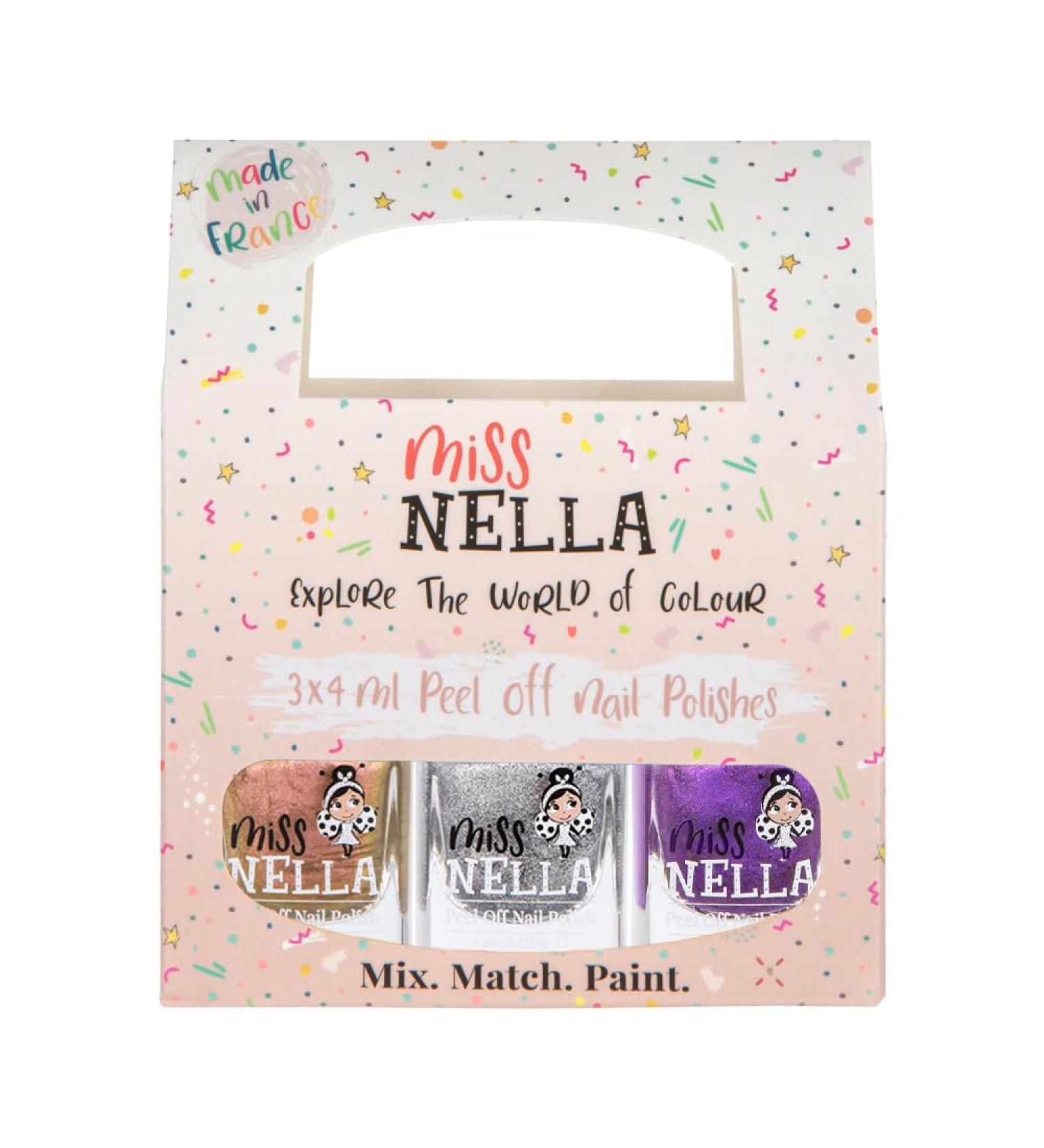 Miss Nella Space and Beyond Nail Polish Set - 3 Kids' Peel-Off Water-Based Colors: Gold Siber Galactic Violet - Odorless & Safe for Children - Buy Online on GoSupps.com