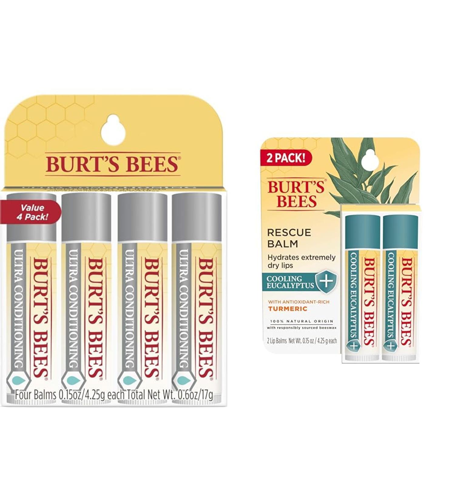 Burt's Bees Ultra Conditioning Moisturizing Lip Balm Lip Moisturizer Rich in Oils and Butters & Rescue Balm Cooling Eucalyptus Lip Balm With Antioxidant-Rich Turmeric Tint-Free - Buy Online on GoSupps.com