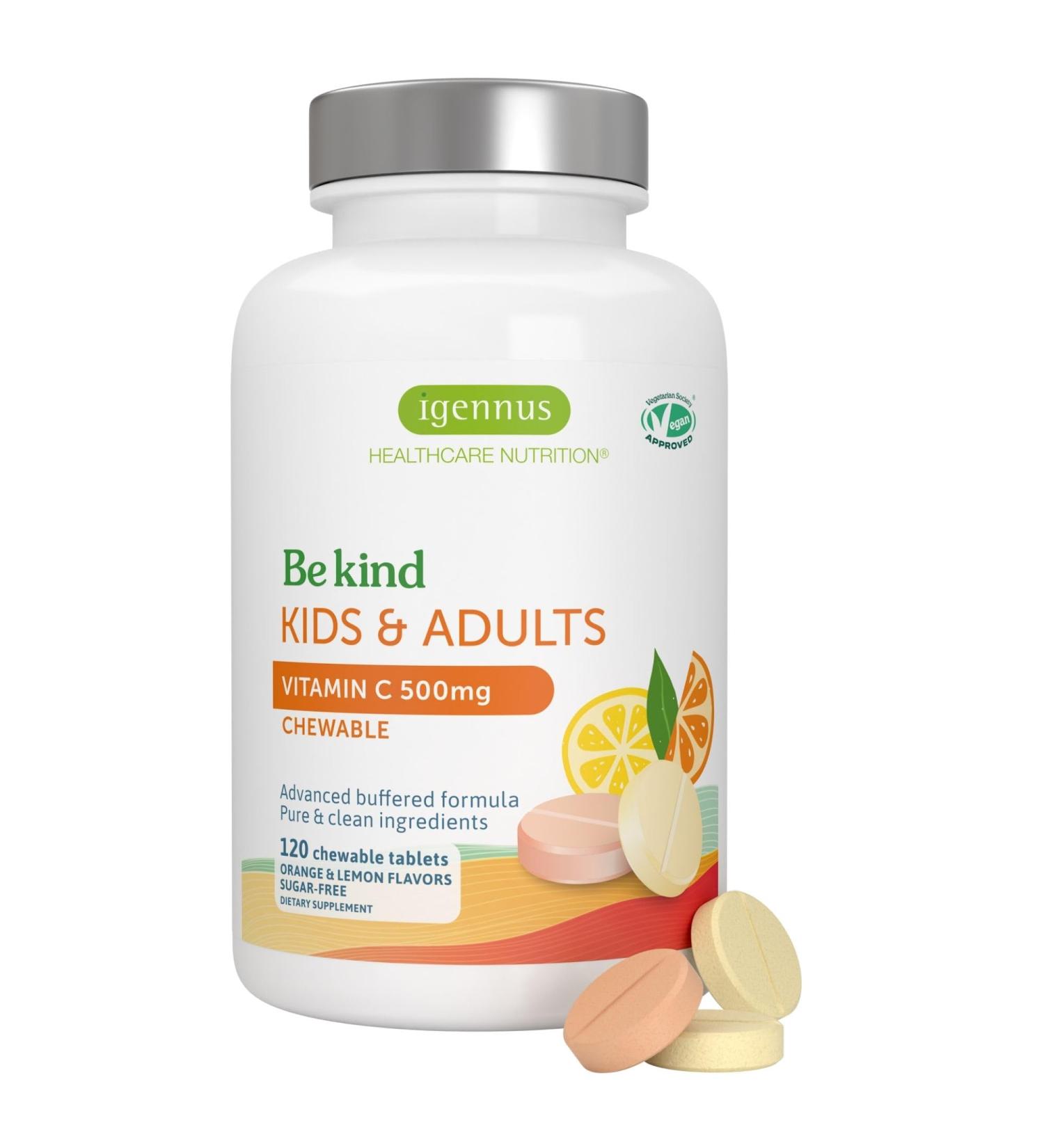 Igennus Gentle Buffered Vitamin C Chewable 500mg for Kids & Adults Optimized Absorption with Dual Forms Sodium Ascorbate & Ascorbic Acid Sugar Free Natural Orange & Lemon Flavors 120 240 Servings - Buy Online on GoSupps.com