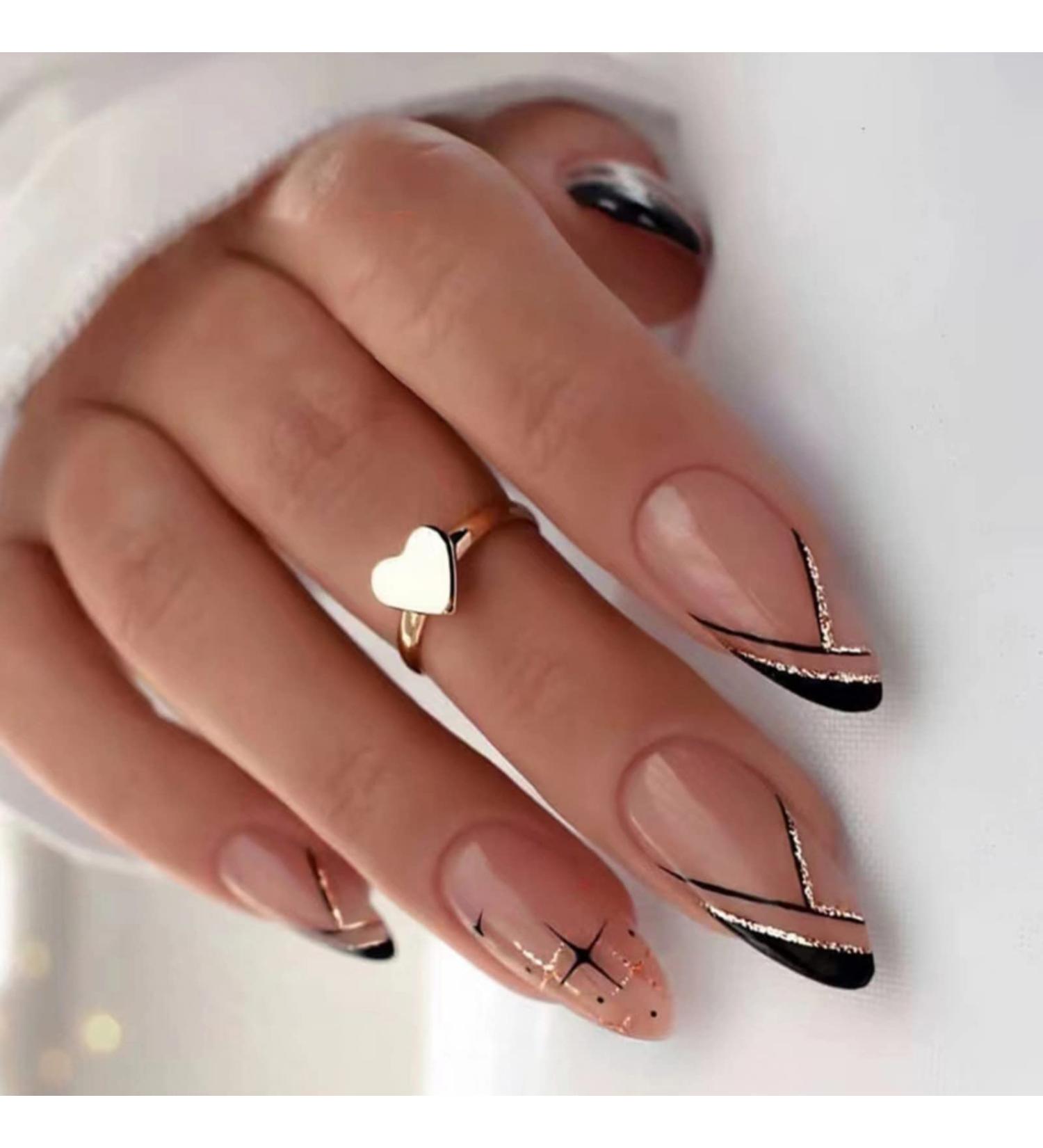 JUSTOTRY Glitter Stiletto False Nails - 24 Pcs Short Almond Black French Press On Nails with Star Geometric Design and Nail Glue - Women's Fake Nails Art - Buy Online on GoSupps.com