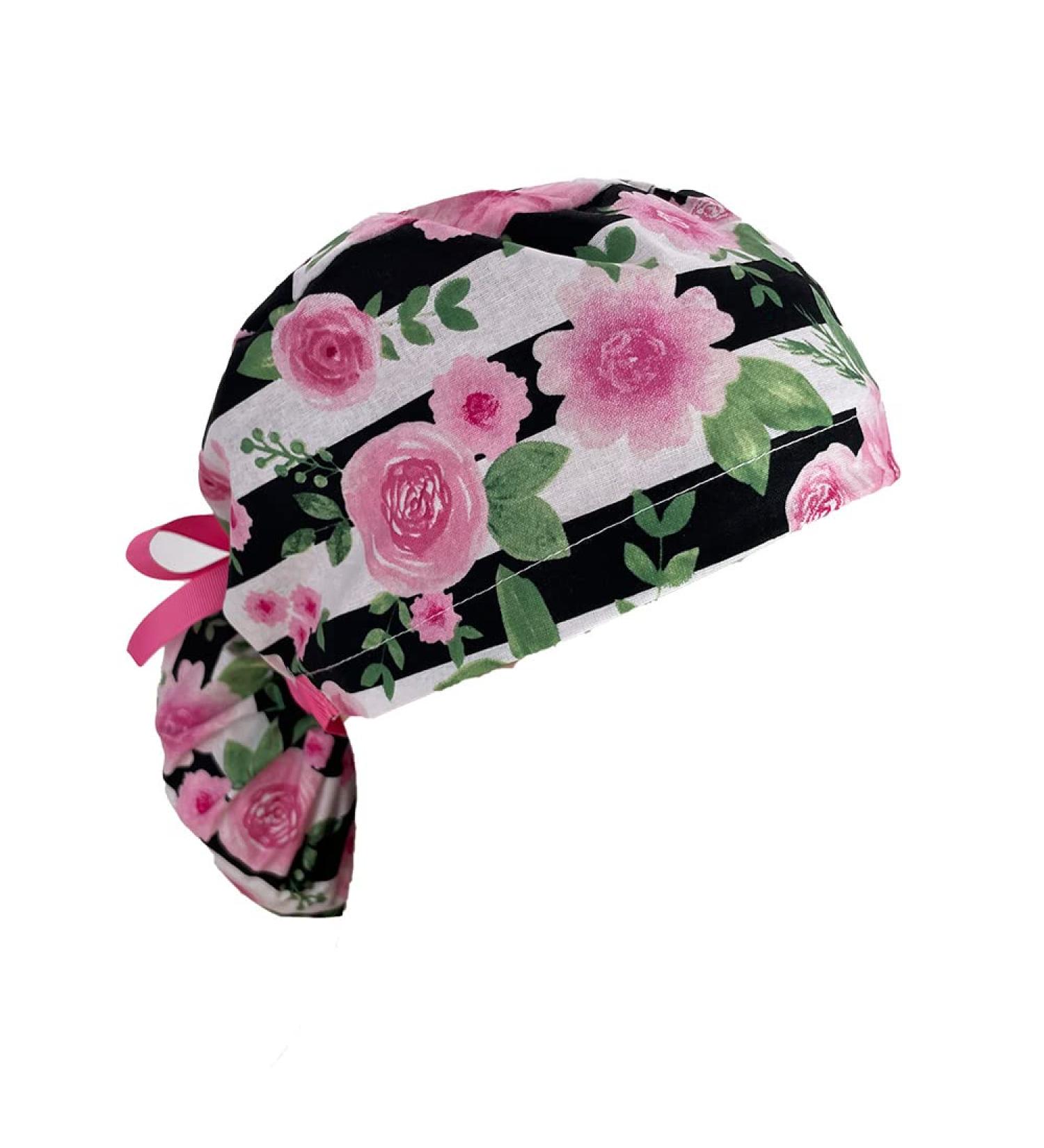 Pink Rose Striped Ponytail Scrub Cap | Unisex Surgical Hat for Nurses | Tie Back Working Cap with Holder - Buy Online on GoSupps.com