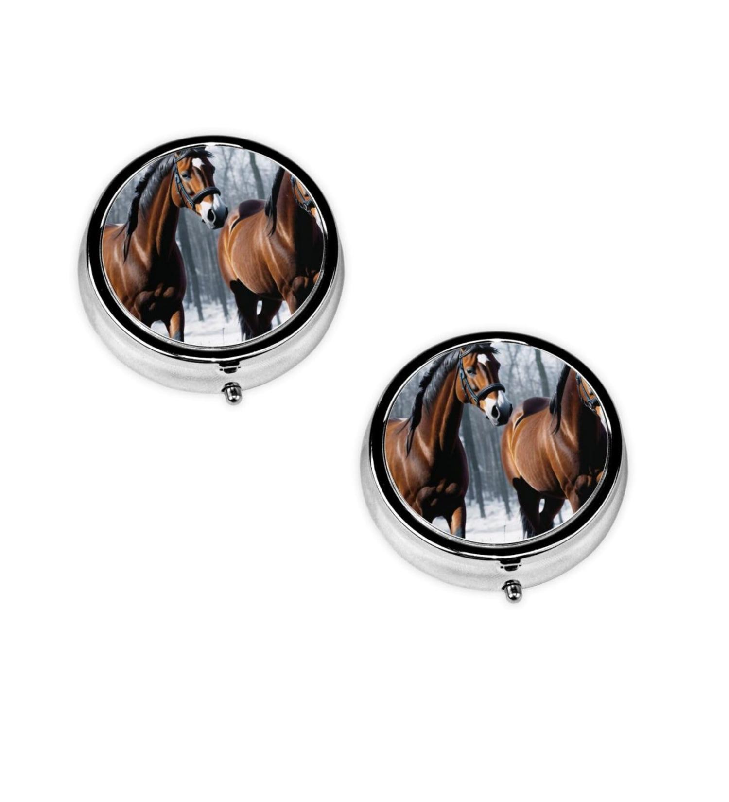 Horses in The Snow Mini Round Pill Box | 3 Compartment Travel Pill Organizer | Portable Medicine Case for Home & Office - Buy Online on GoSupps.com