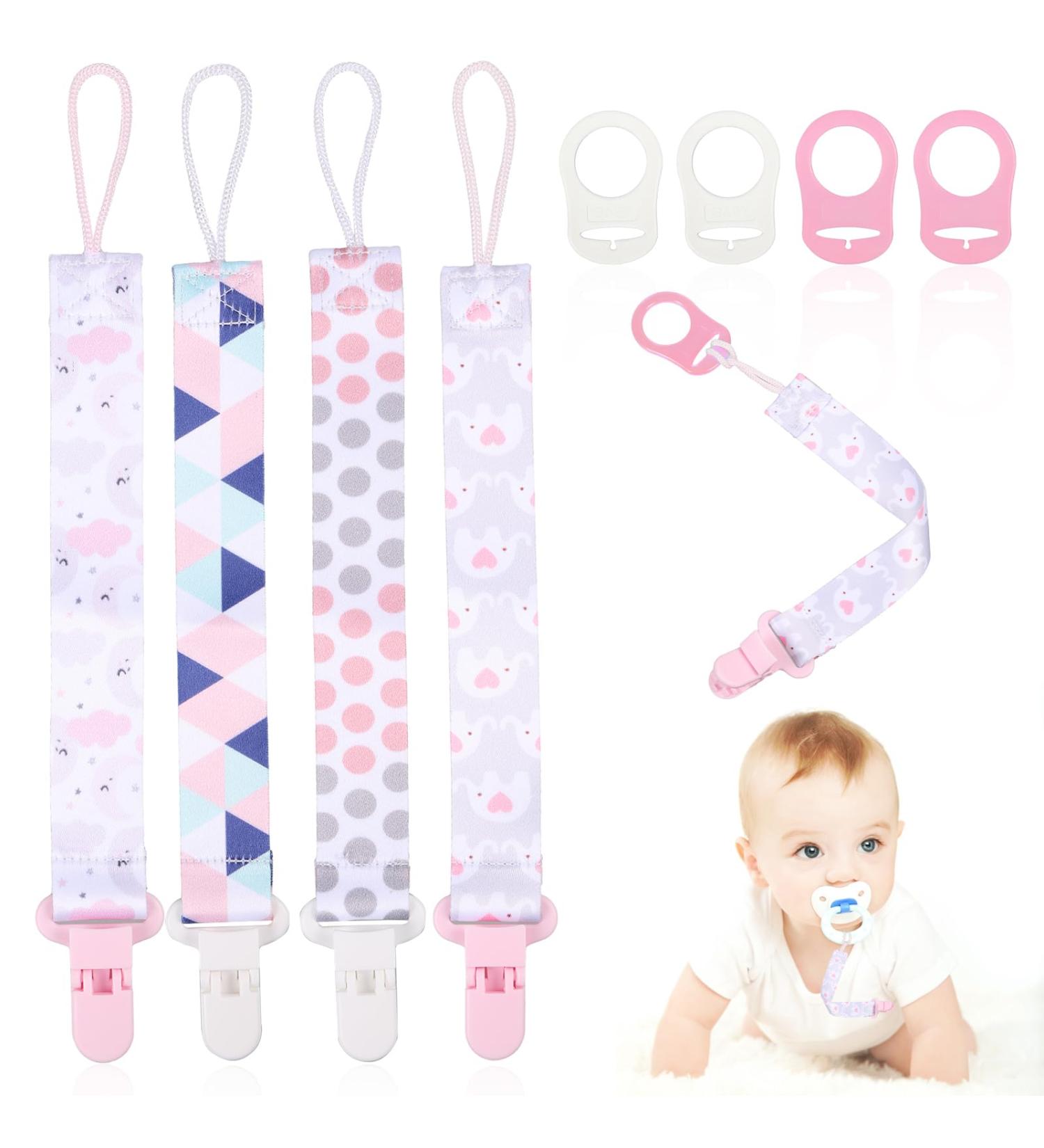 8 Pcs Pink Dummy Clips Pacifier Holder Set for Girls - Silicone Teething Soother Chains with Adapter Leash - Fits All Pacifier Clips - Baby Teething Toys - Buy Online on GoSupps.com
