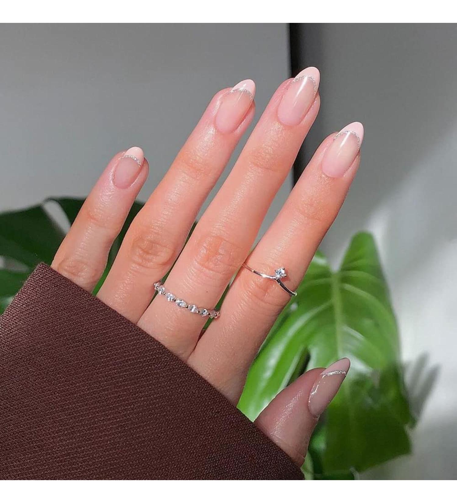 Rosa French Tip Press On Nails - Medium Camellia Acrylic Nude Glitter Sequin Fake Nails for Teens | Easy Stick-On Manicure - Buy Online on GoSupps.com