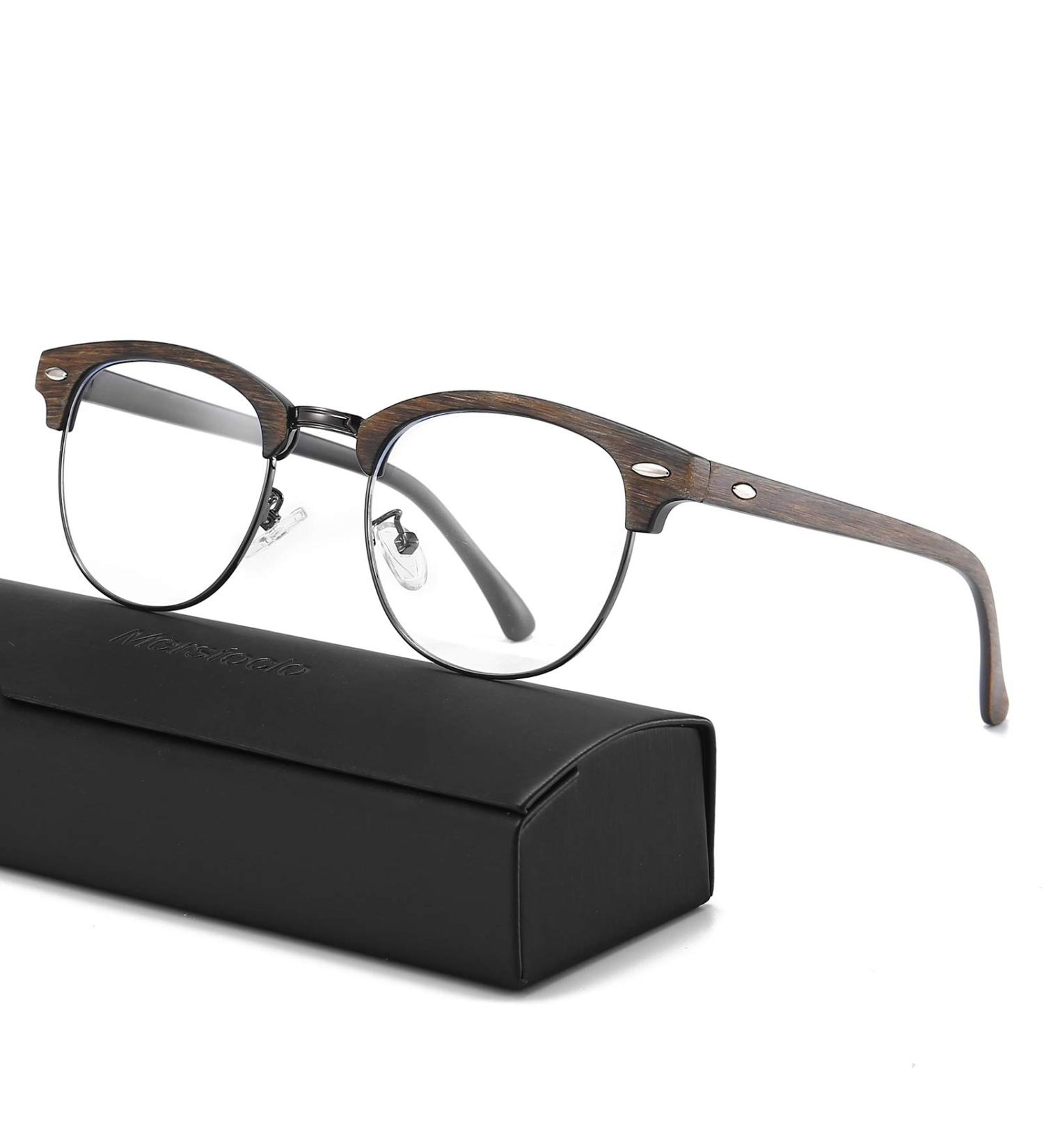 Blue Light Blocking Glasses for Women & Men - Semi-Rimless Clear Lens Anti Eyestrain Gaming Eyeglasses - Brown Wood Grain Frame - Buy Online on GoSupps.com