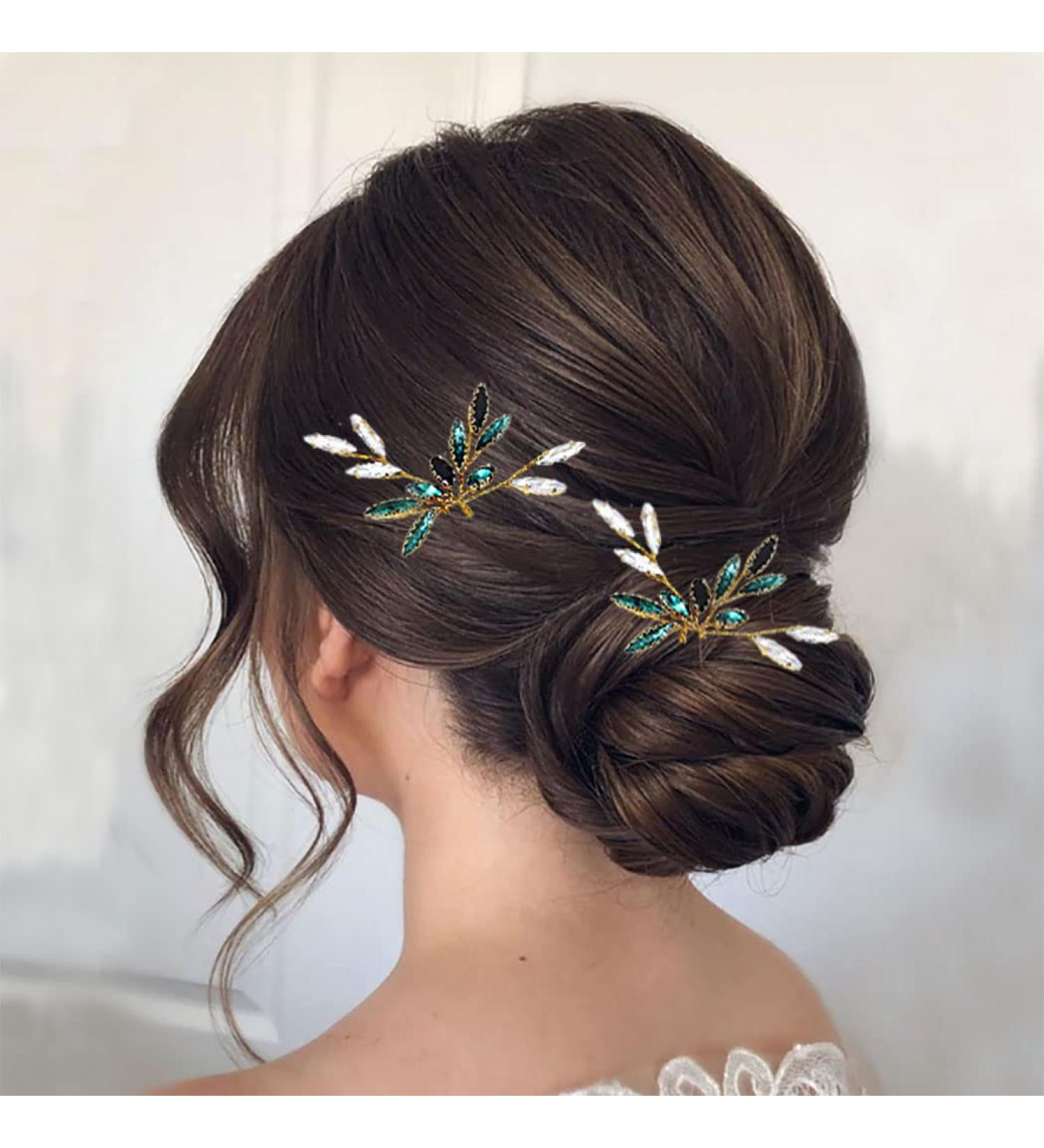 Flatser Green Crystal Wedding Hair Pins - Pack of 2 | Gold Rhinestone Bridal Accessories for Women - Buy Online on GoSupps.com