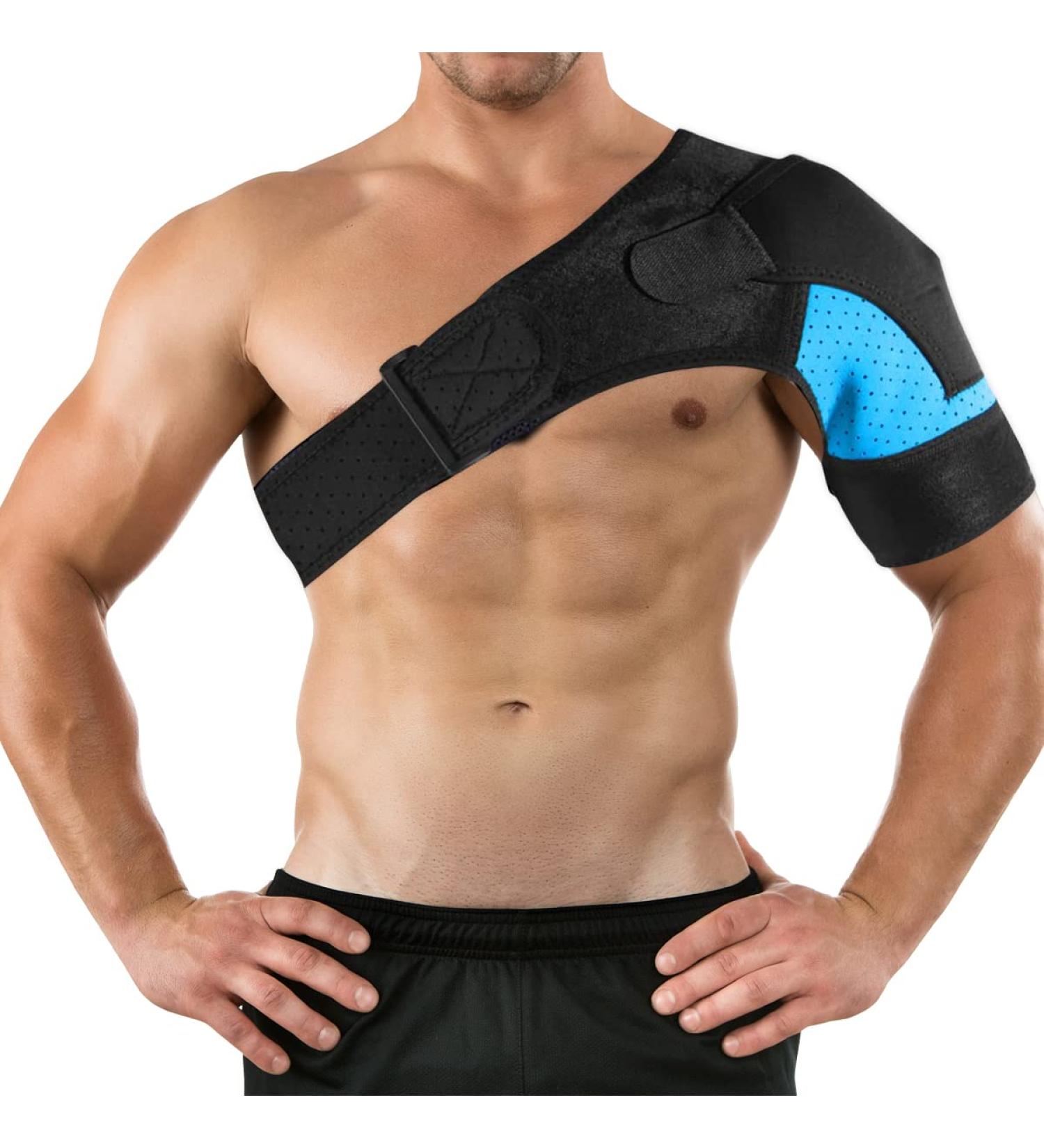 BomnKa Adjustable Shoulder Support Brace for Women and Men - Relieves Shoulder Injuries, Sprains - Fits Both Right & Left Shoulders - Blue - Buy Online on GoSupps.com