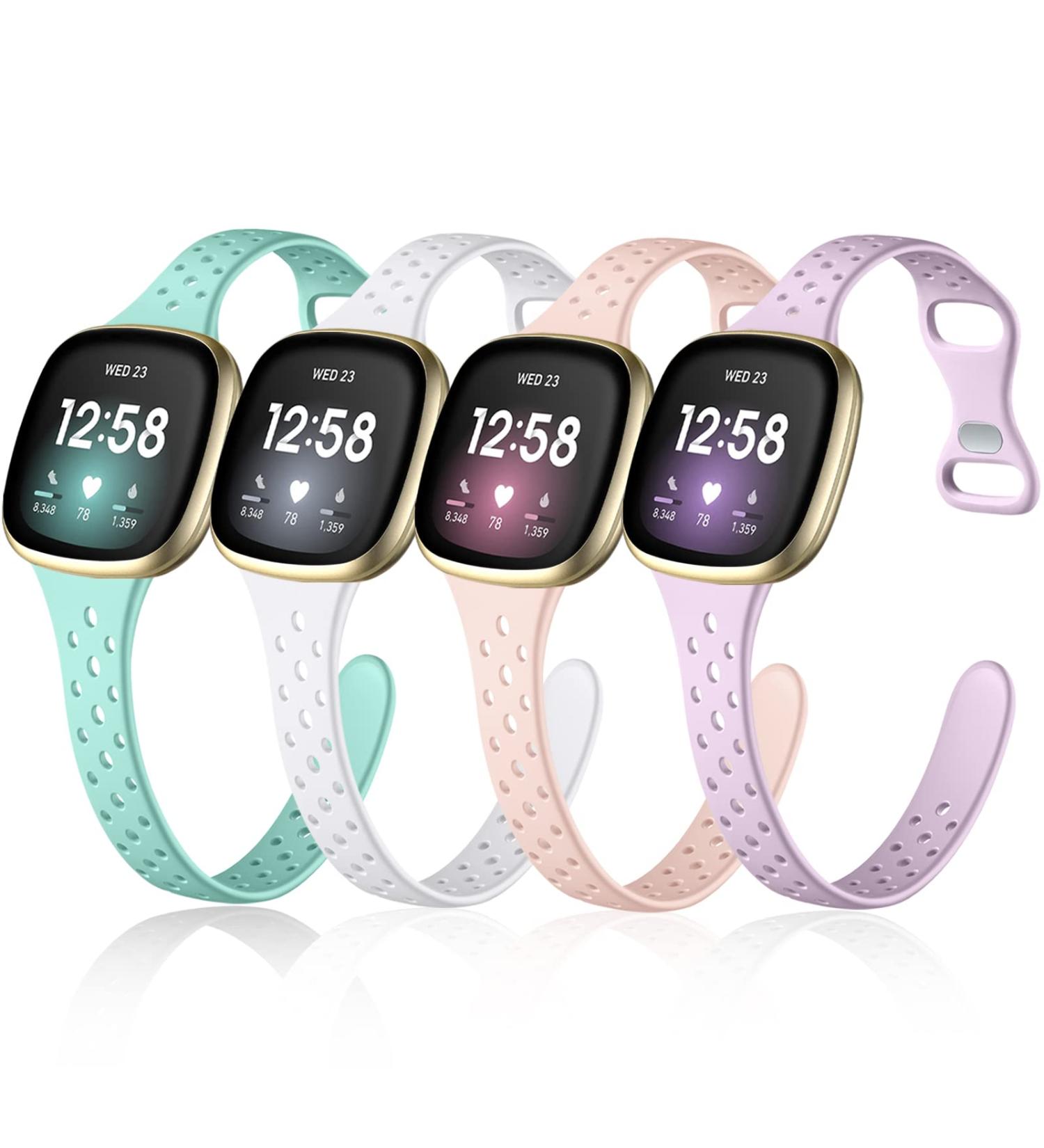 Laffav Silicone Bands 4 Pack for Fitbit Sense/Versa 3/4 - Durable Replacement Wristbands for Women and Men - Slim Sport Straps in White, Pink, Lavender, Mint Green (Large 6.5-8.0) - Buy Online on GoSupps.com