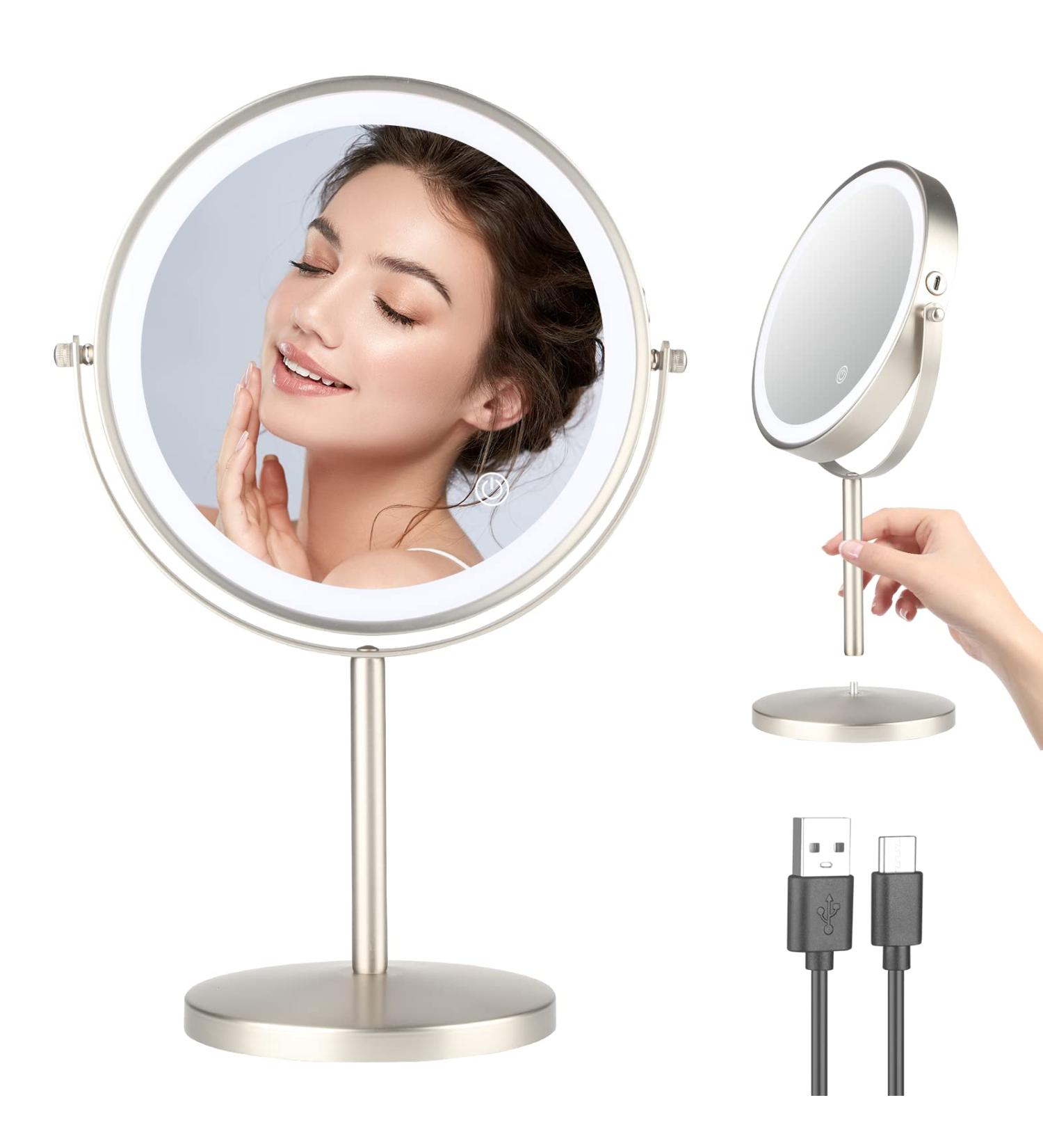8 Rechargeable Double Sided Makeup Mirror with Lights | 1X/10X Magnification | 3 Colors Light | 360 Smart Touch | Adjustable Brightness | Nickel Finish - Buy Online on GoSupps.com