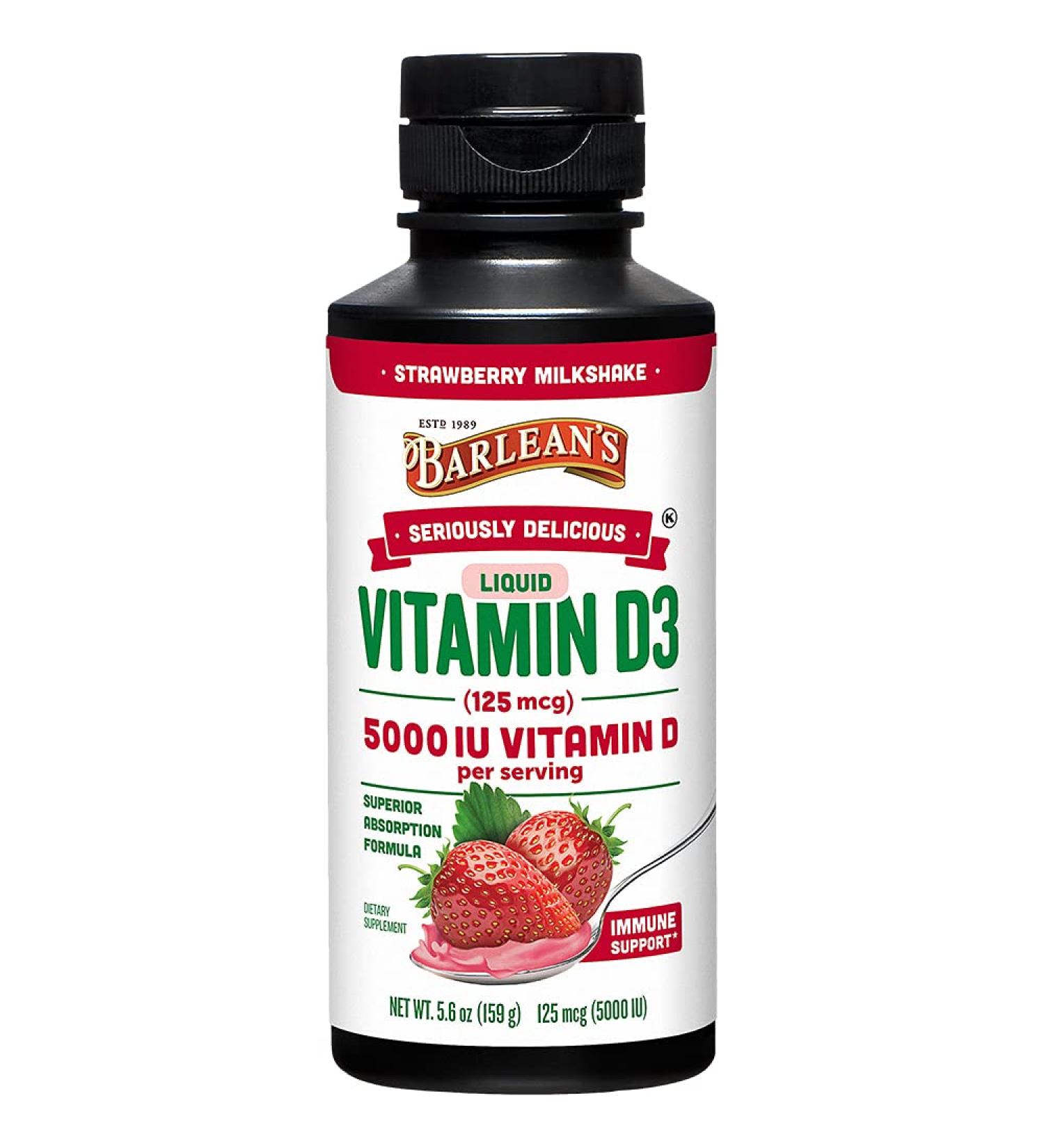 Barlean's Strawberry Milkshake Vitamin D3 125 mcg (5000 IU) â€“ 5.6 oz | Seriously Delicious - Buy Online on GoSupps.com