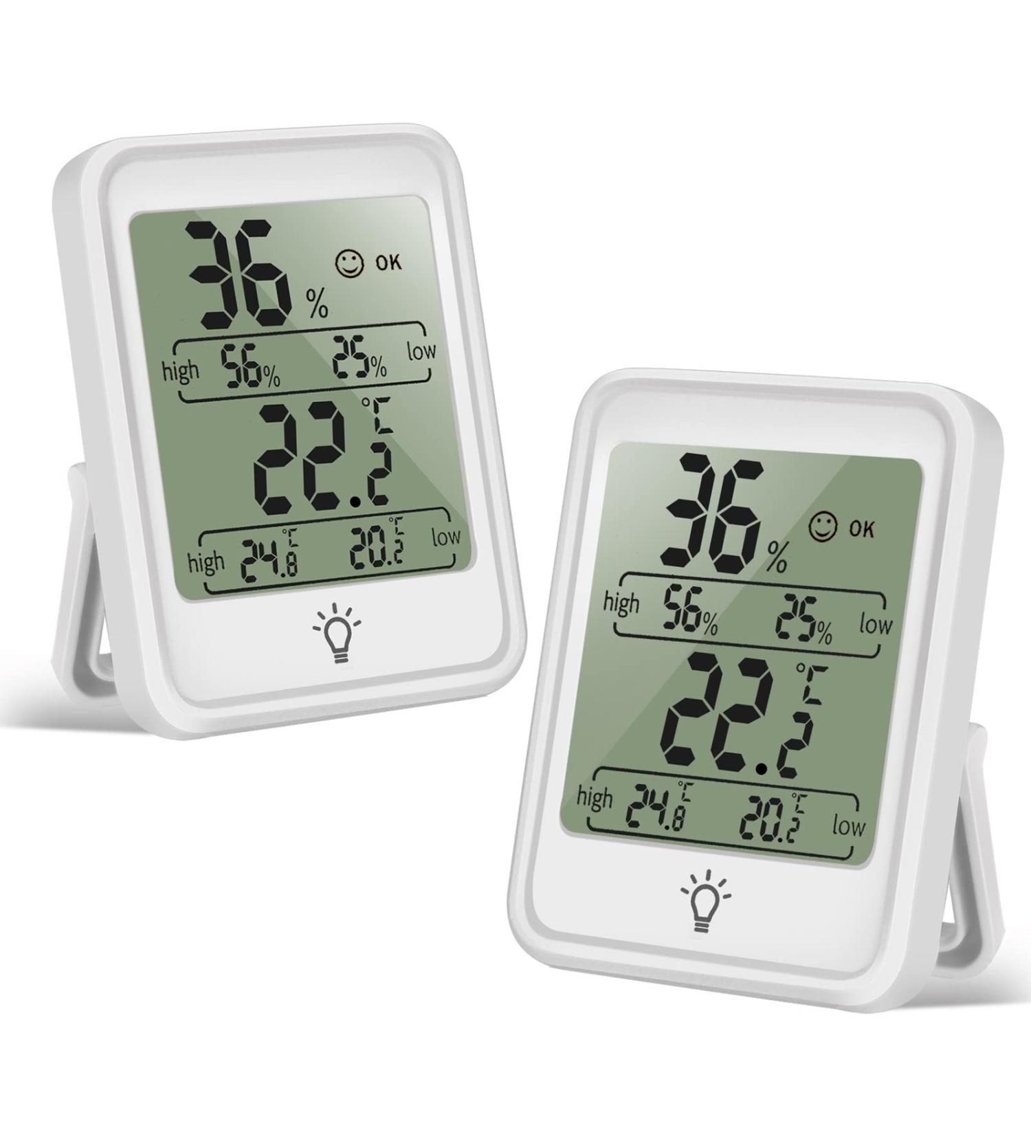 Digital Thermometer & Hygrometer - 2 Pack Mini Room Temperature & Humidity Monitor with Max/Min Display & Touchable Backlight - Buy Online on GoSupps.com