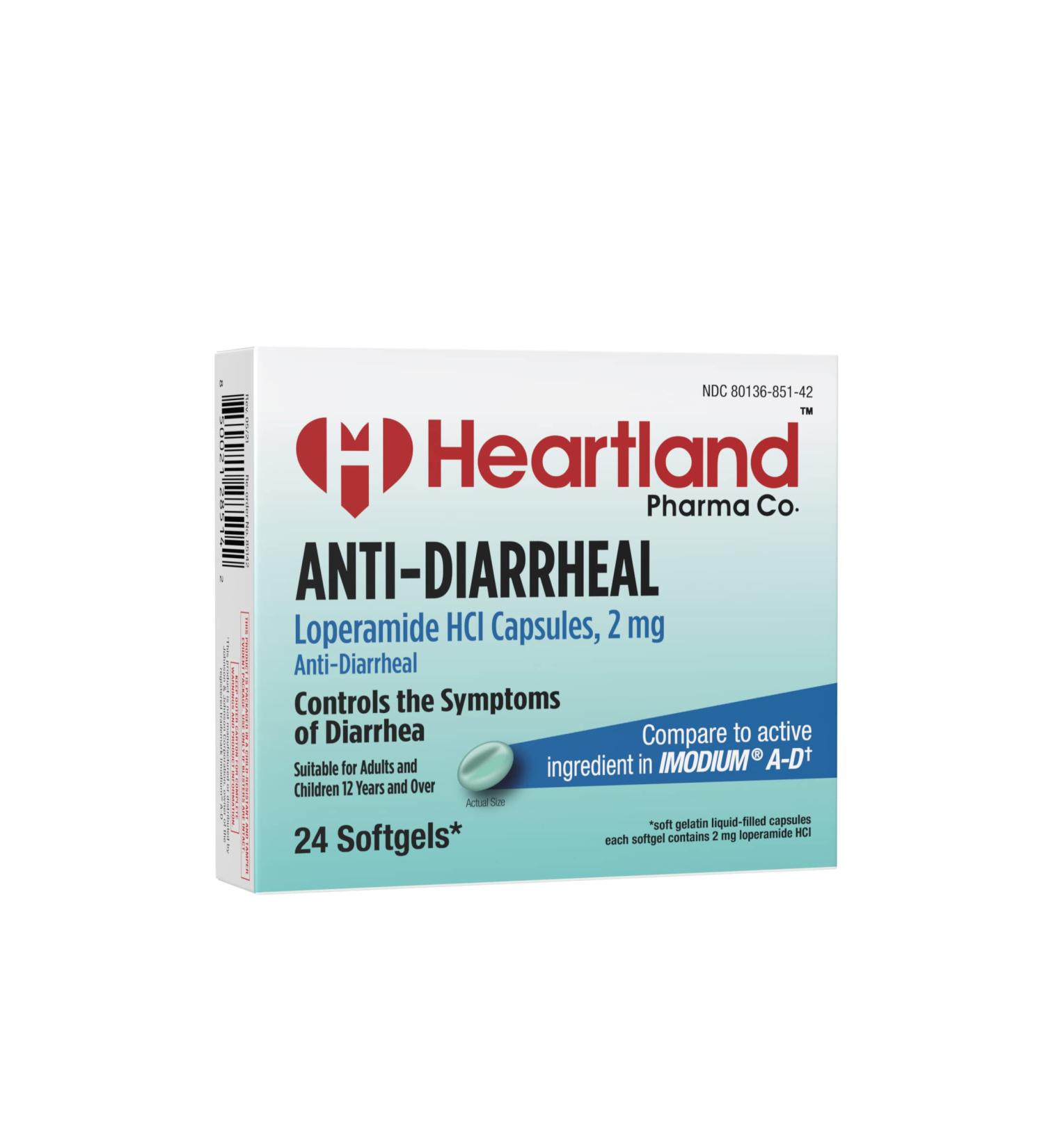 Heartland Pharma Anti-Diarrhea Medicine Loperamide Hydrochloride 2mg Softgels, Made in USA, 24 Count Pack - Buy Online on GoSupps.com