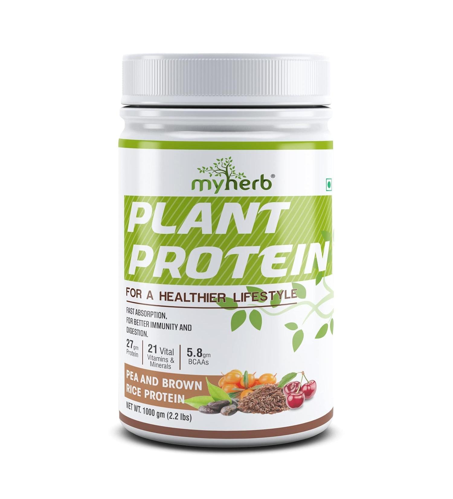 MYHERBS Plant Protein Powder | Pea and Brown Rice Protein Powder | Vegan High Protein Powder | 27 gm Protien 21 Vital 6 gm BCCAs | Sugar Free | for Men and Women | Chocolate Flavour (1 Kg) - Buy Online on GoSupps.com